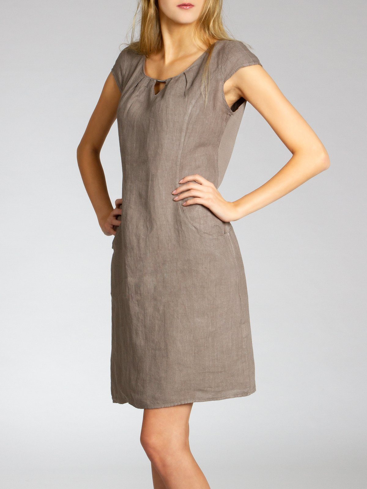 Caspar Sommerkleid SKL020 knielanges Damen Sommer Leinenkleid mit eleganter Metallspange Luftig leicht, figurumspielende Form, mit seitlichem Jersey-Einsatz