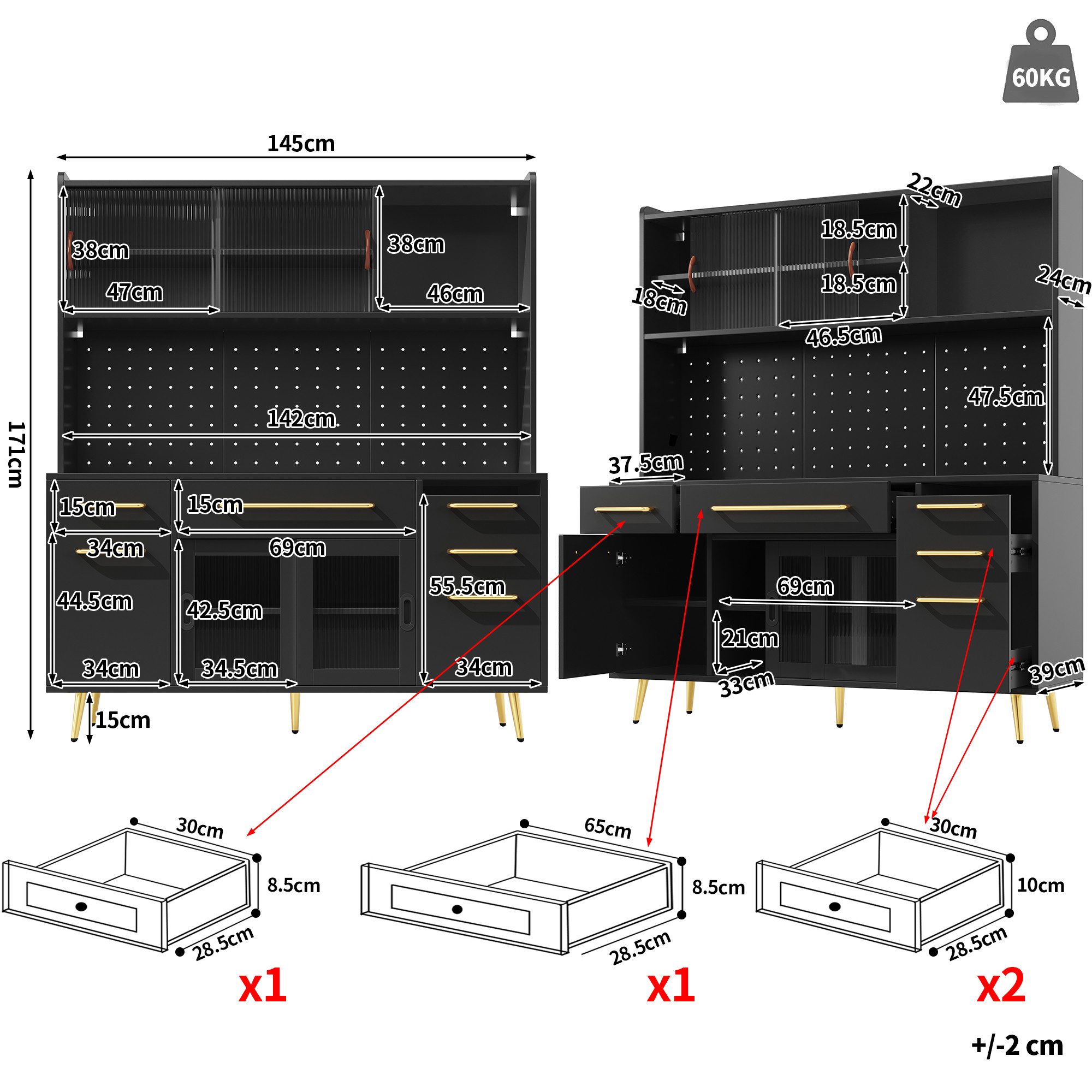 Celya Sideboard mit LED, Glastür und Schublade (Ergonomische Arbeitsflächenhöhe, Ausgestattet mit MDF-Lochwand und verstellbaren Regalböden), für Küche und Wohnzimmer