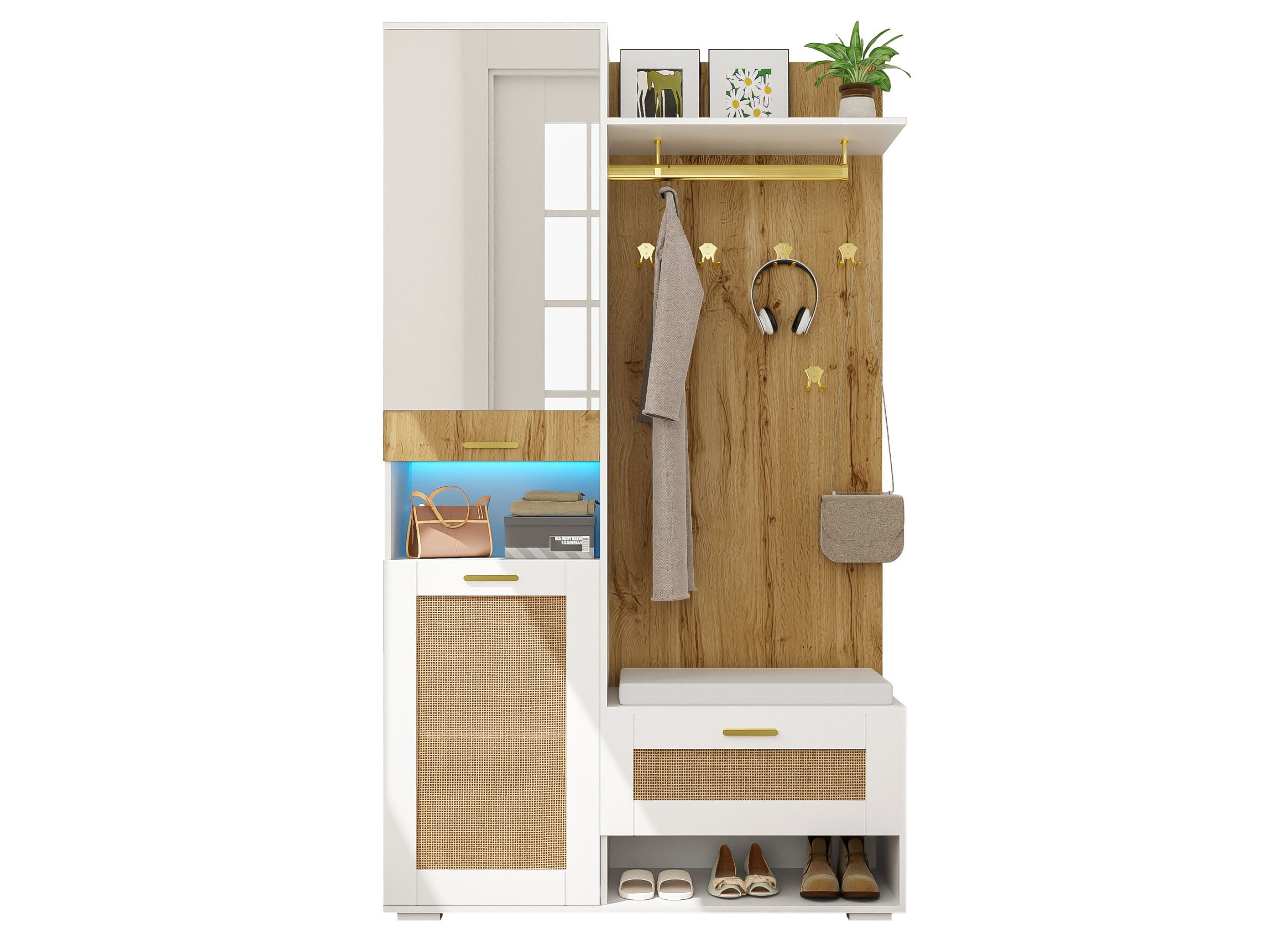 SeedWave Garderobe 5-in-1 Kleiderschrank mit Spiegel, Schuhaufbewahrung für 6 Paar, 6 Doppelhaken, PE-Rattan-Türen, gepolsterter Sitzbank und LED-Leiste
