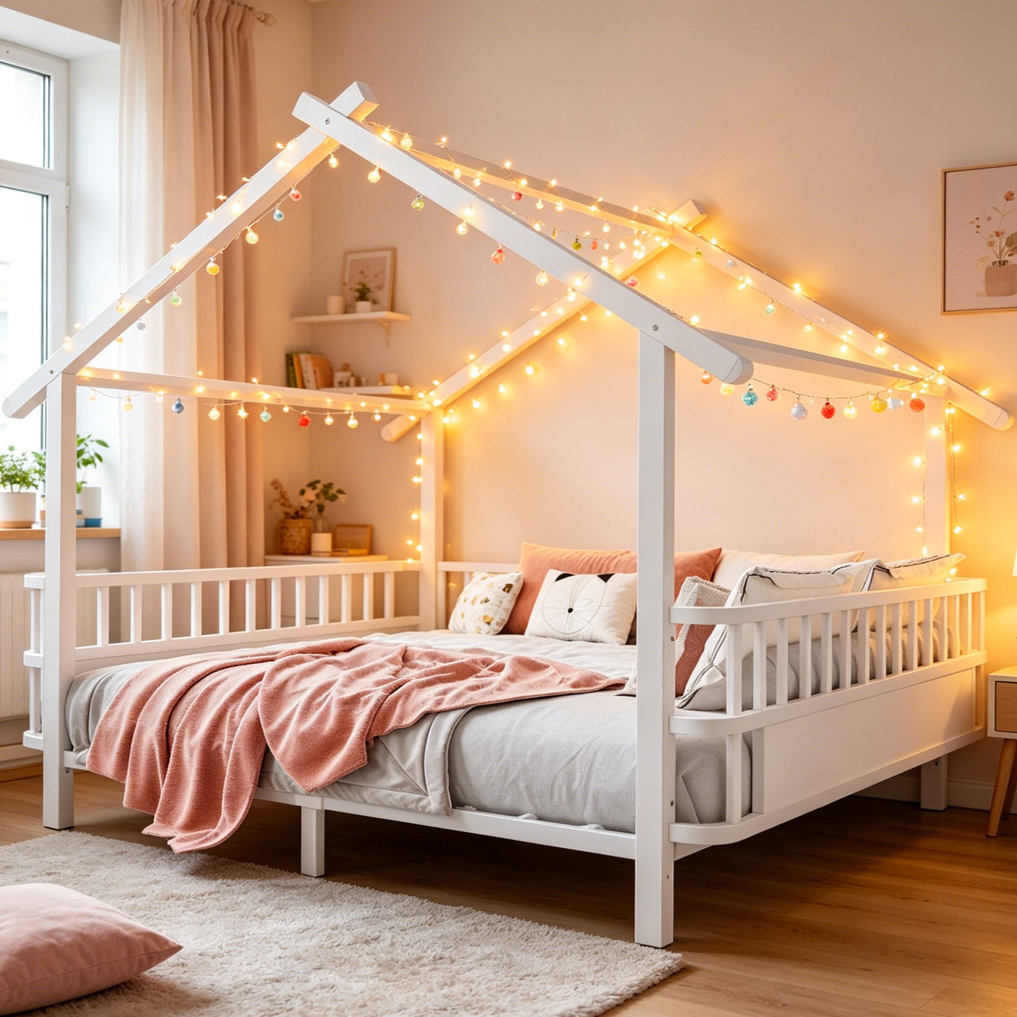 Odikalo Bettgestell Kinderbett Jugendbett Doppelbett 90/140×200 Ohne Matratze (Hausform mit Sicherheitsgitter Dachdesign und dekorativem Rahmen für Jungen und Mädchen(Ohne LED-Leuchten)