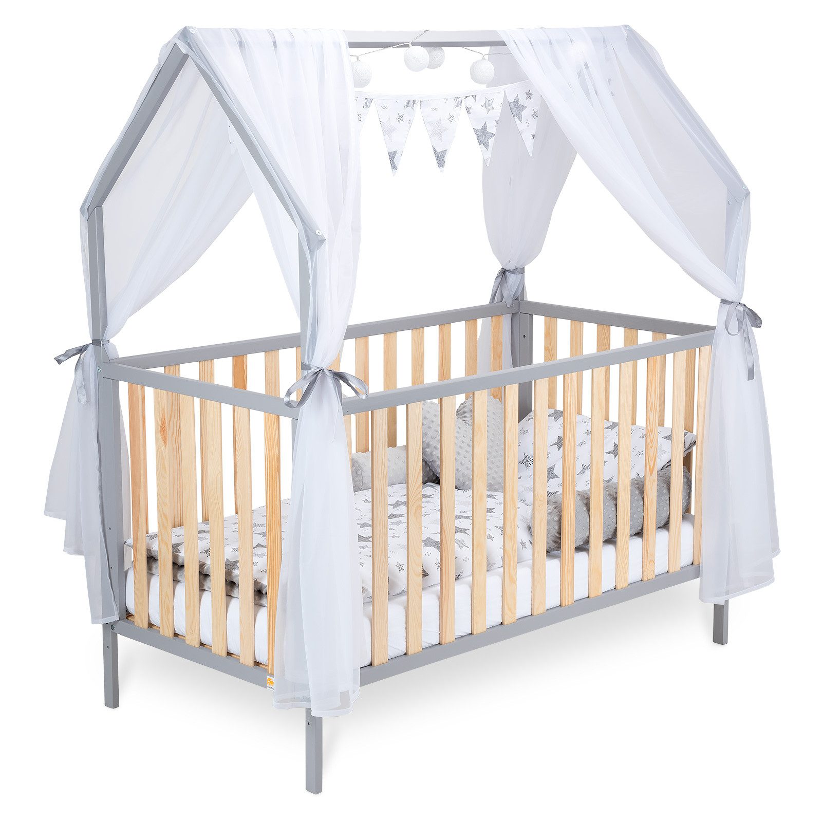 FabiMax Kinderbett Hausbett Schlafmütze Grau / Natur mit Deko-Set, Kiefer massiv, Gitterbett, Babybett, Umbaubar zum Juniorbett