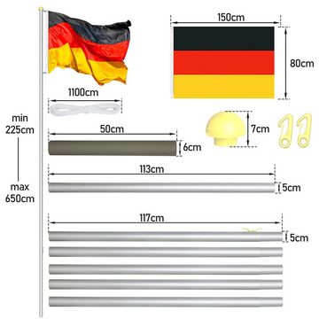 Randaco Fahne Fahnenmast, Aluminium Flaggenmast, Fahne Deutschlandfahne 6,50m