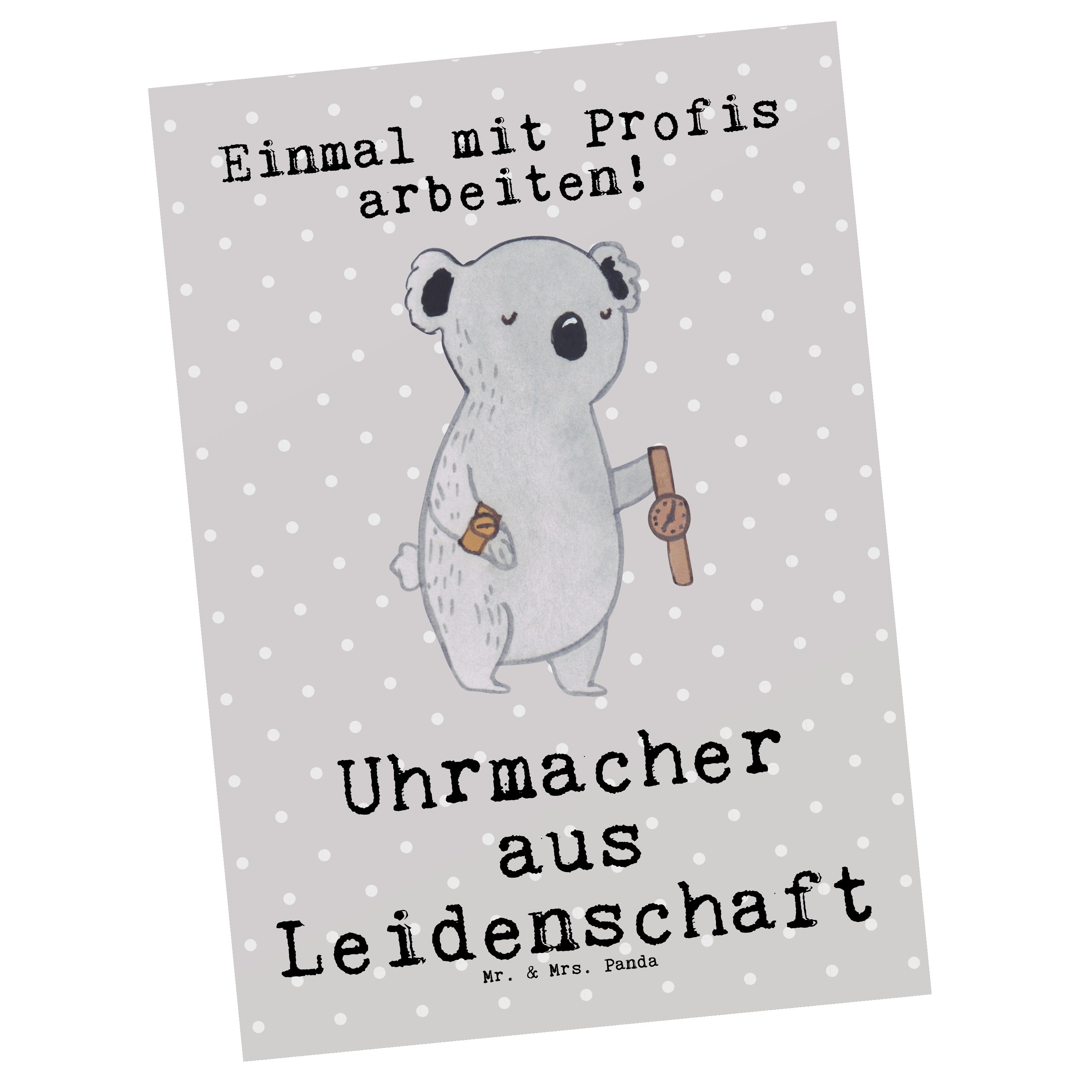 Mr. & Mrs. Panda Postkarte Uhrmacher aus Leidenschaft - Grau Pastell - Geschenk, Einladungskarte