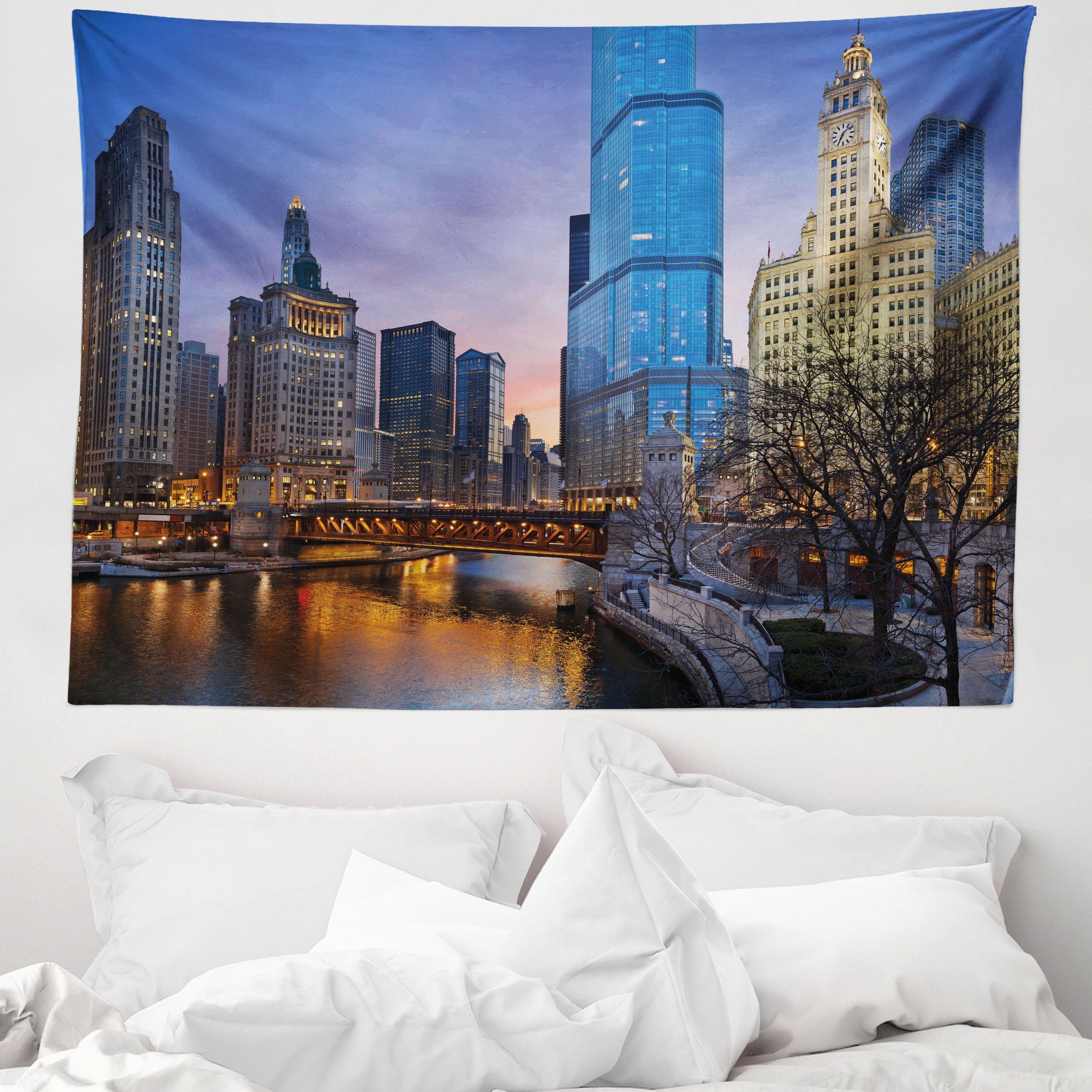 Wandteppich aus Weiches Mikrofaser Stoff Für das Wohn und Schlafzimmer, Abakuhaus, rechteckig, Landschaft Chicago River Scenery