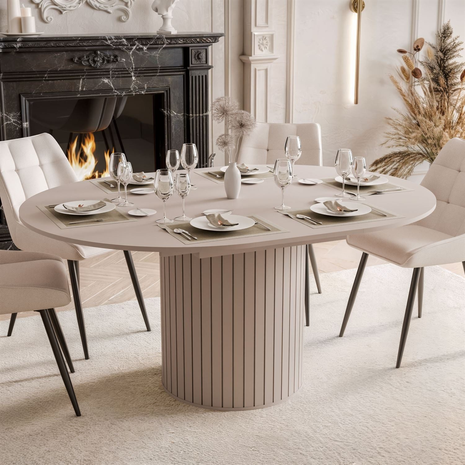 yourhouse24 Esstisch LINNEA Ø120-160cm Ausziehbar Säule Lamellen (Einzeltisch, 1-St., 1x Esstisch), Säule in Lamellen-Optik, Kaschmir & Schwarz