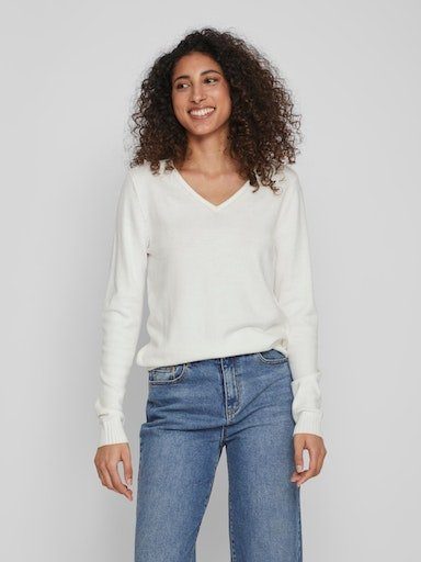 TOP White V-NECK Vila L/S Alyssum KNIT VIRIL NOOS - V-Ausschnitt-Pullover