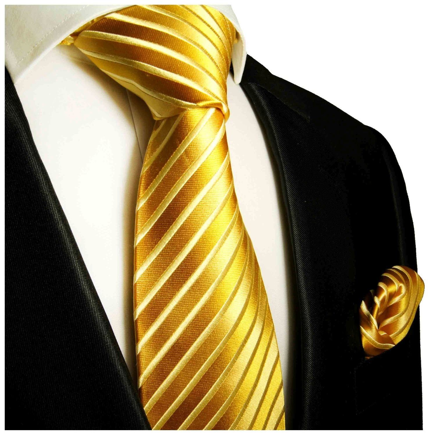 Paul Malone Krawatte Herren Seidenkrawatte und Tuch gestreift 100% Seide (Set, 2-St., Krawatte mit Einstecktuch) Breit (8cm), gold 953