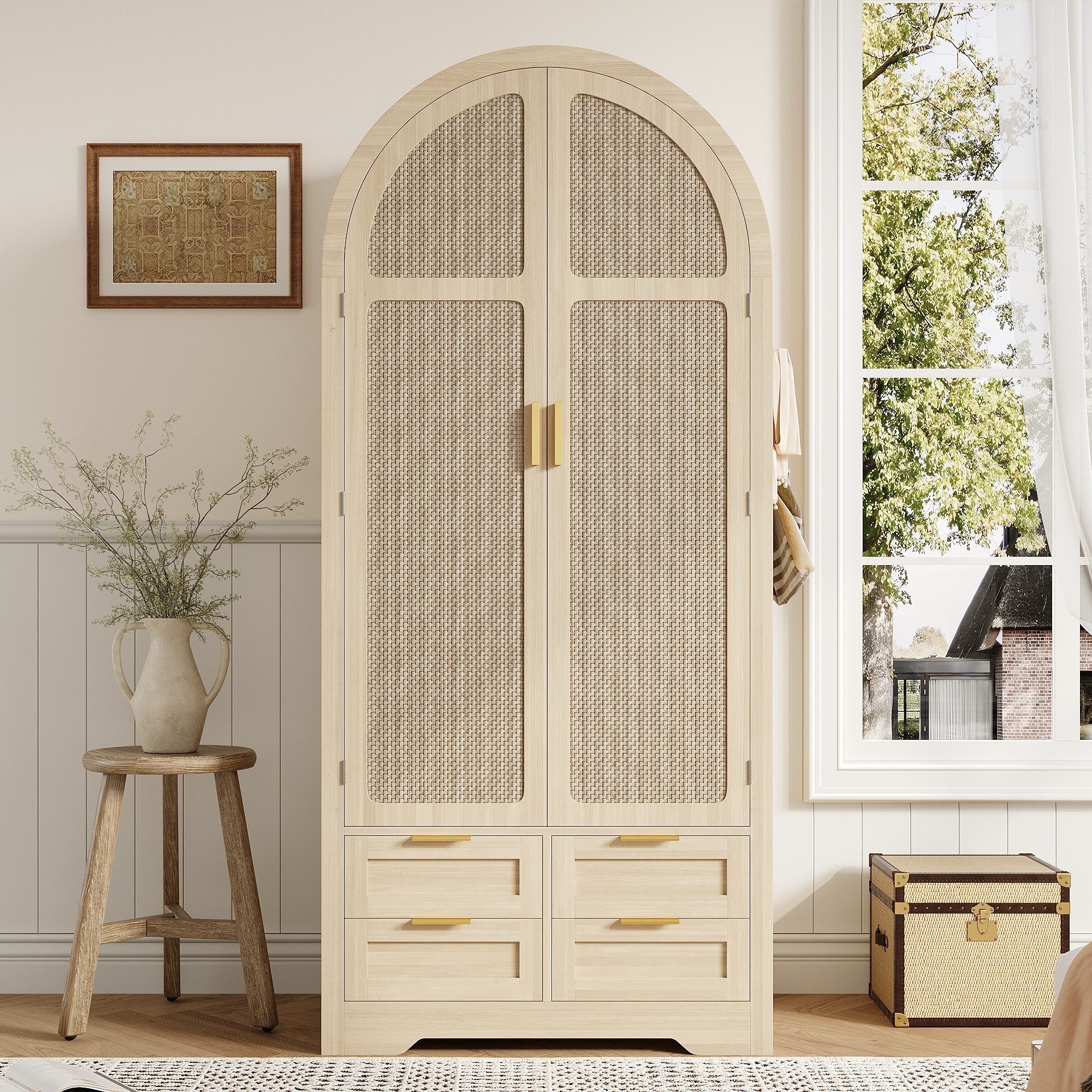 MODFU Kleiderschrank Praktischer Stauraumschrank mit Kleiderstange & Schubladen (Packung, 1-St., Kleiderschrank mit Rattan-Türen, 80 cm Breite, 179 cm Höhe) Luxuriöser Kleiderschrank, für Schlafzimmer und Eingangsbereiche