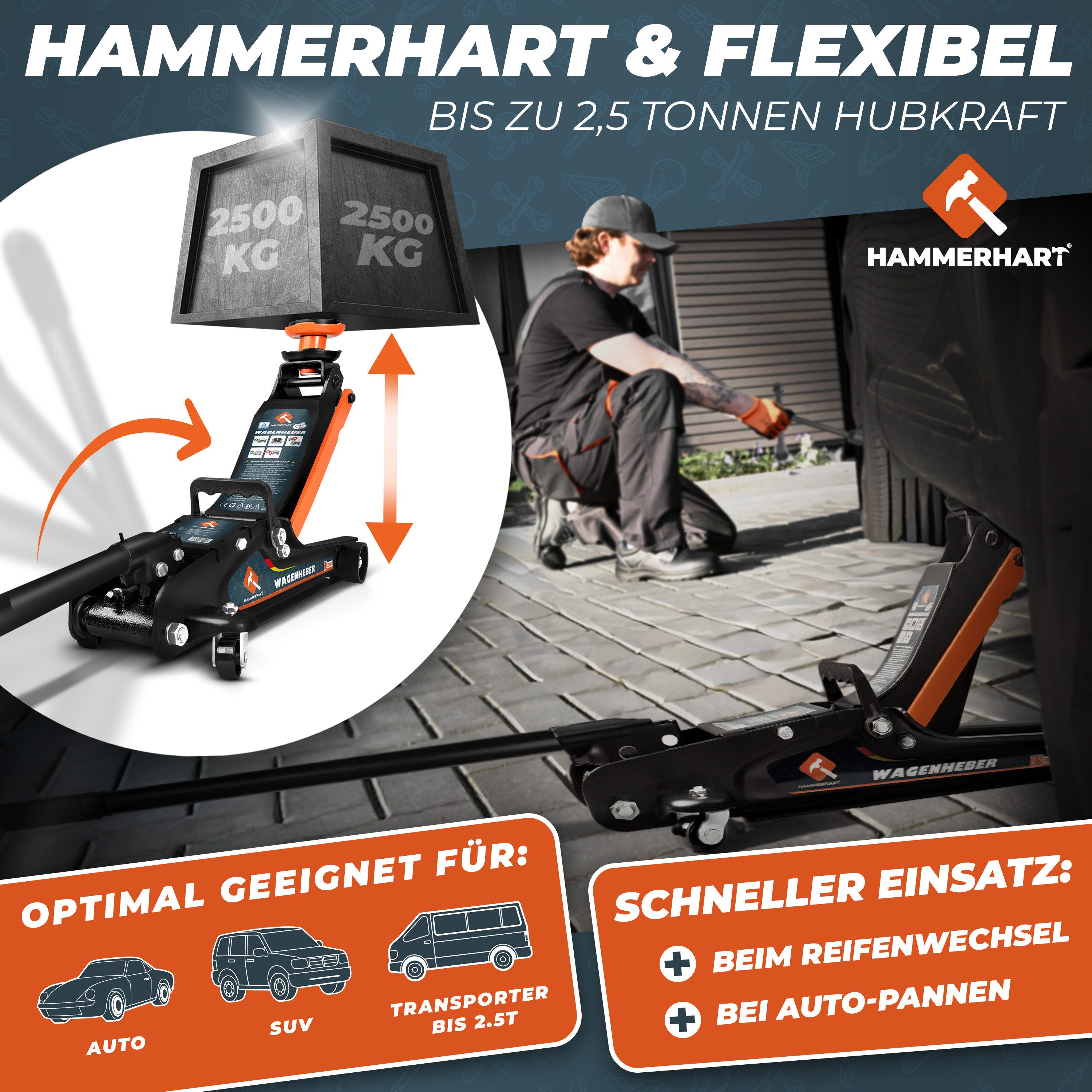 HAMMERHART Wagenheber Hydraulischer Wagenheber 2,5T, TÜV geprüft, 85–384 mm, max. Hubhöhe: 38,4 cm, Premium Wagenheber 2,5 Tonnen, Premium Wagenheber 2,5 Tonnen – Bild 2 von 5