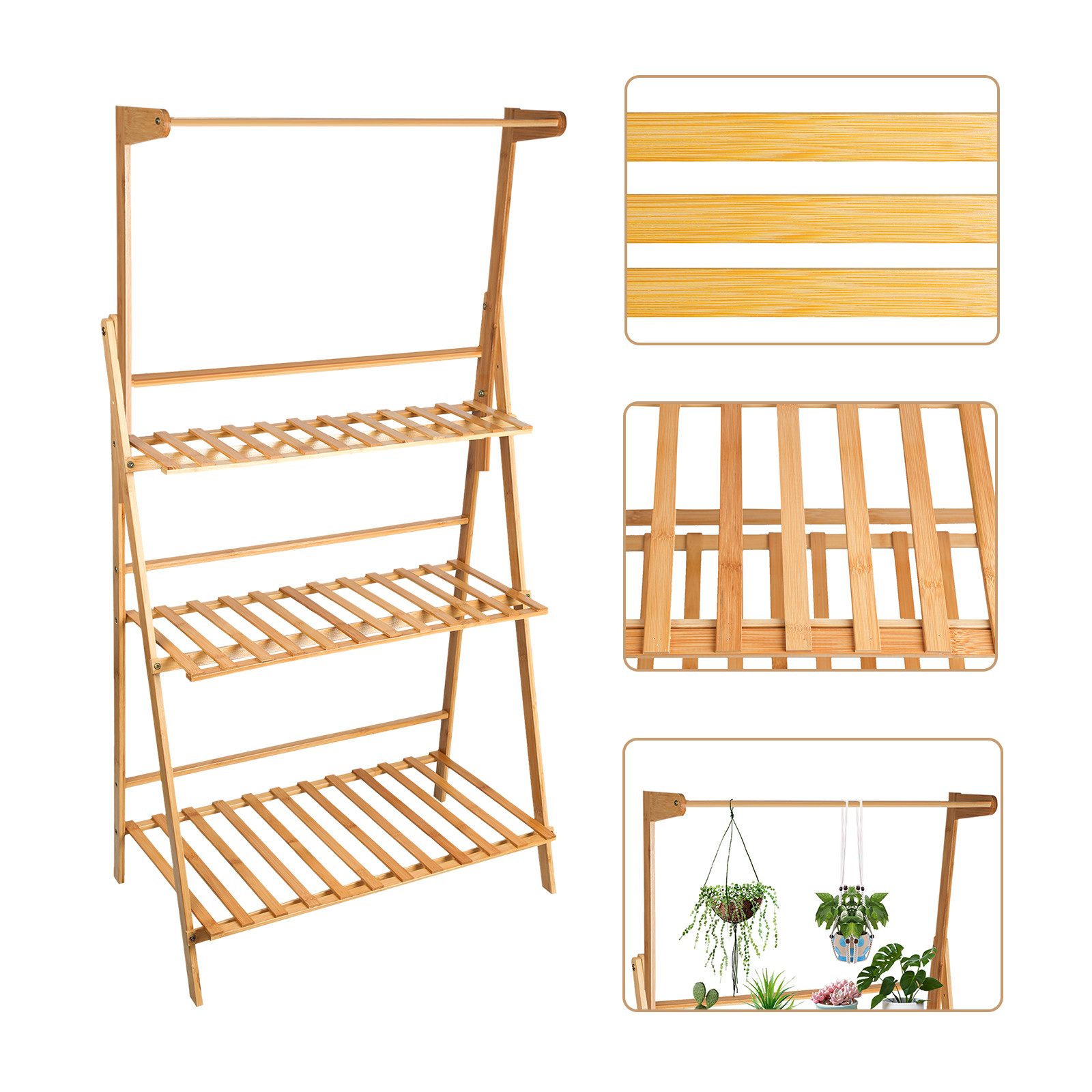 JEOBEST Blumenständer Pflanzentreppe Pflanzenständer Blumentreppe Klappbar, aus Bambus, Höhe 141cm, Hängepflanzenständer – Bild 4 von 5