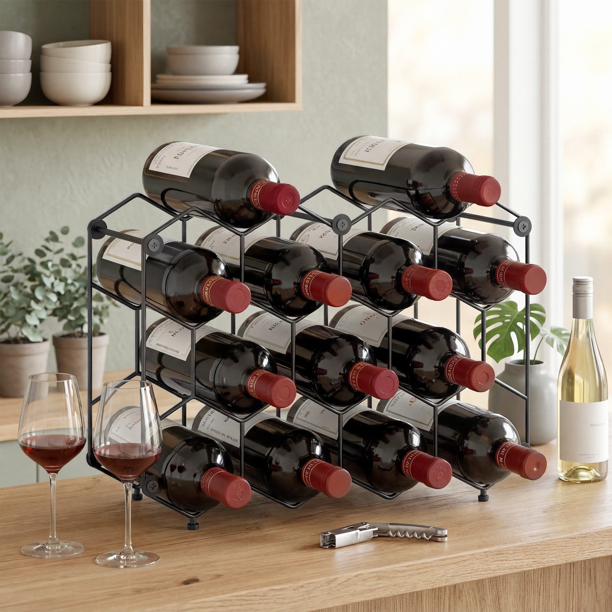 HOMCOM Weinregal Flaschenregal Wabendesign verstellbaren Füßen Weinflaschenhalter, Flaschenhalter für 13 Flaschen 1-tlg., aus Metall für Keller, Lagerraum, 43 x 15,5 x 31 cm Schwarz