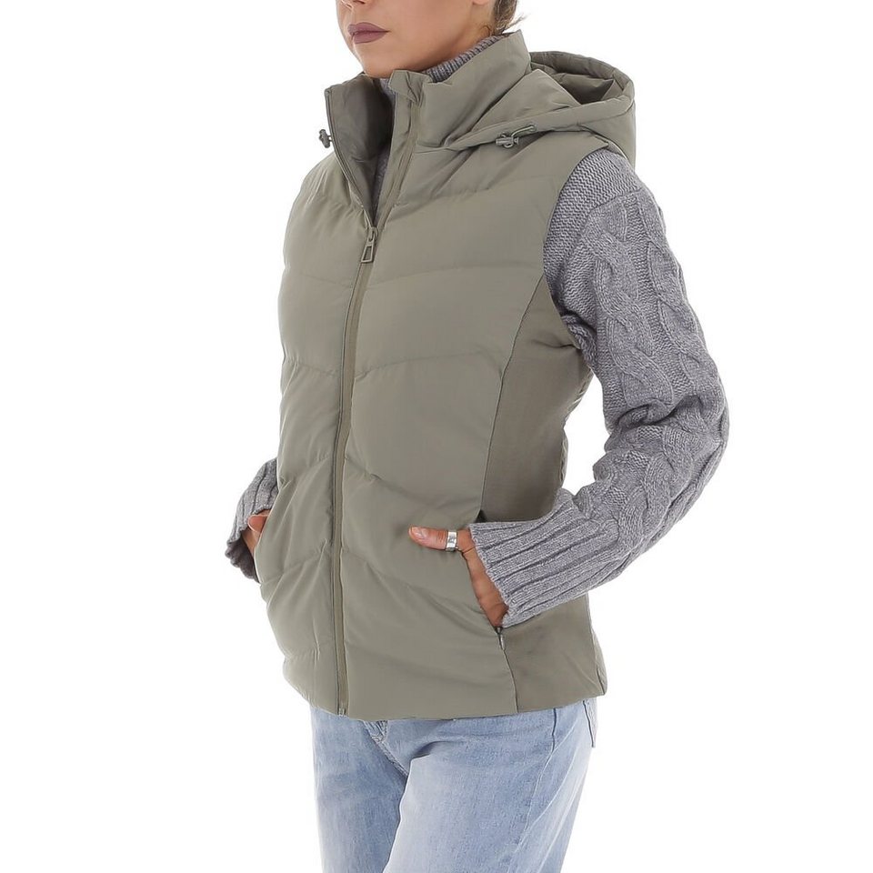 Ital-Design Steppweste Damen Freizeit Kapuze Gefüttert Winterjacke in Olive