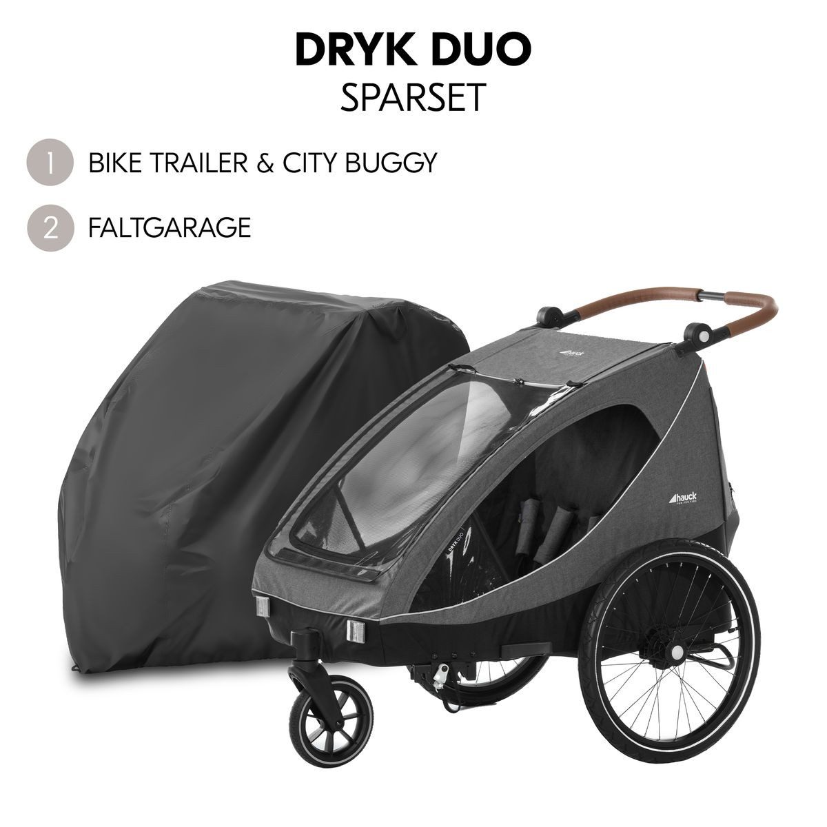 Hauck Fahrradkinderanhänger Dryk Duo - Melange Grey, Fahrradanhänger City Buggy für 2 Kinder (bis 44 kg) inkl. Faltgarage