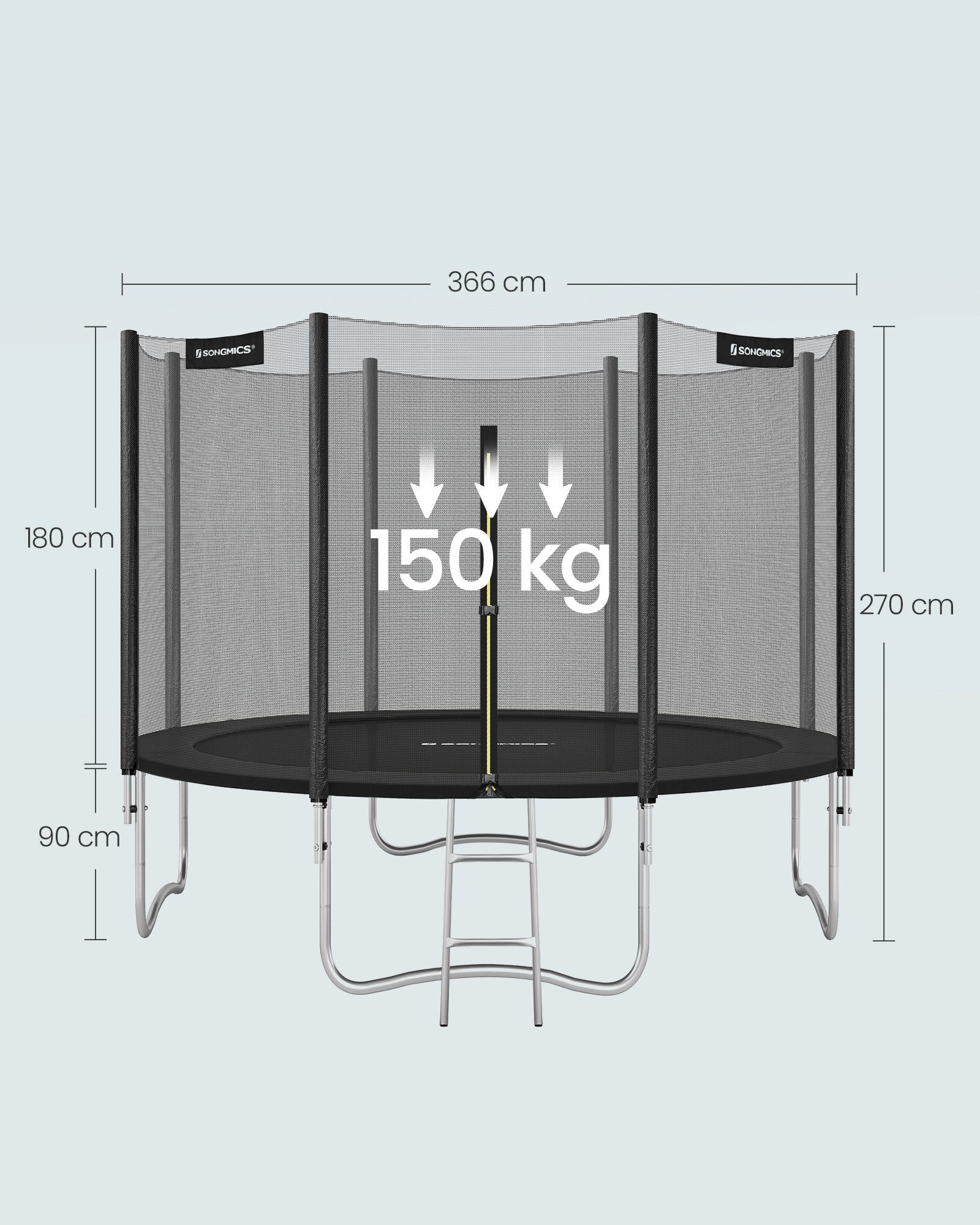 SONGMICS Gartentrampolin mit Randabdeckung, Sicherheitsnetz, Leiter und gepolsterten Stangen, Ø 365 cm, Ø244/Ø305/ Ø366 cm, mit Leiter und gepolsterten Stangen