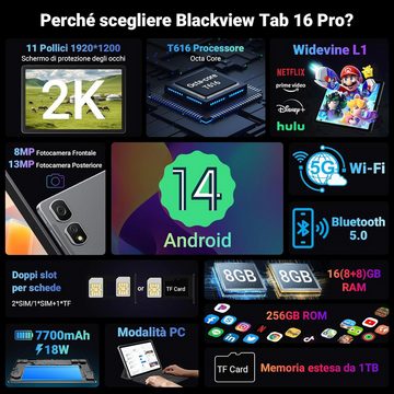 blackview 2K Display 60 Hz Octa-Core-Prozessor, 7700 mAh Akku Face ID Tablet (11", 256 GB, Android 14, 4G LTE/5G WiFi, Leistungsstarkes Multimedia-Gerät für unterwegs)