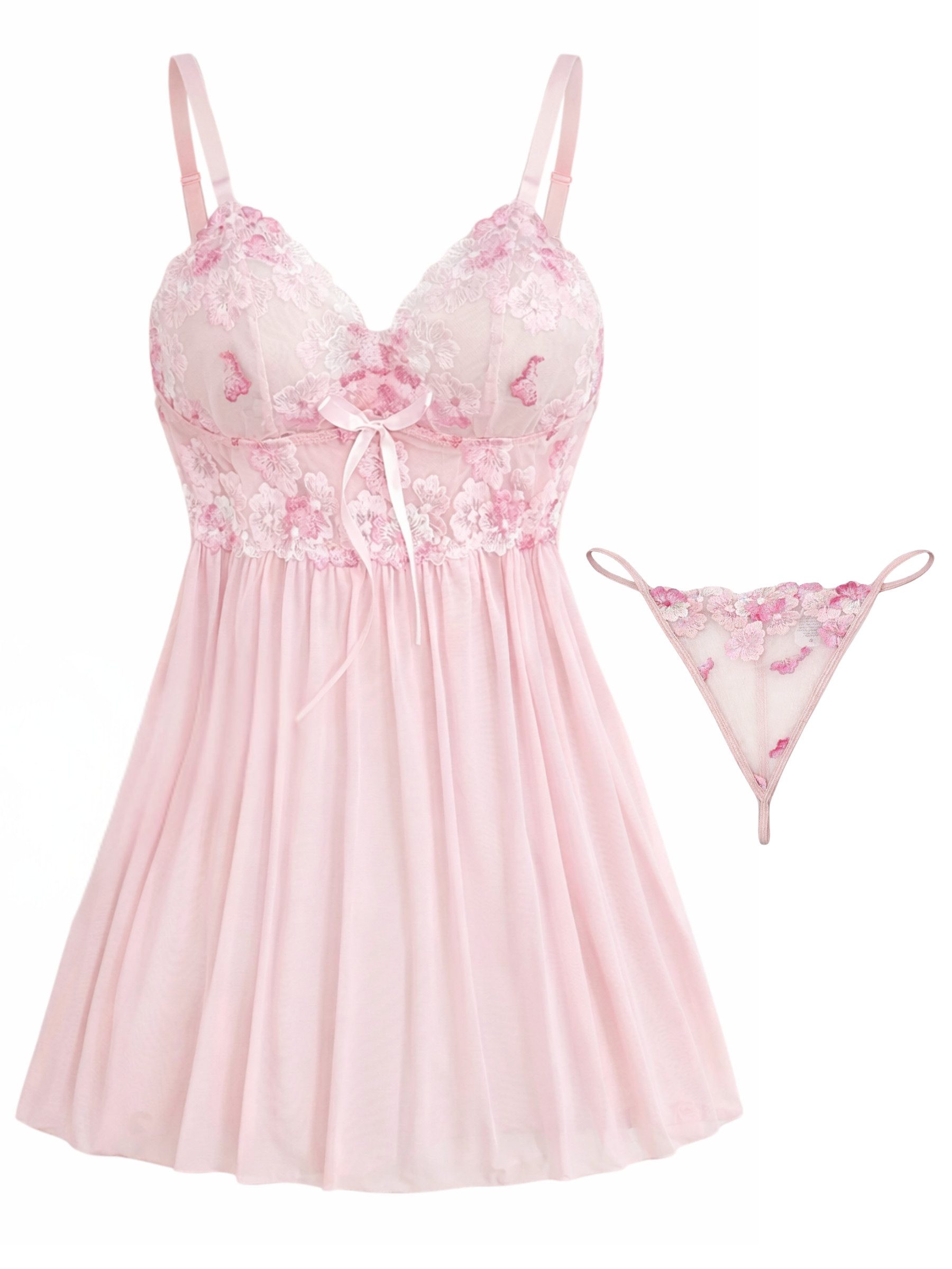 Elegant Love Negligé Reizwäsche-Set: Transparentes Schlafanzug & String als Nachtwäsche (Set, 2-tlg., Negligee + Tanga) Babydoll mit Blumenstickerei – perfekt für besondere Momente