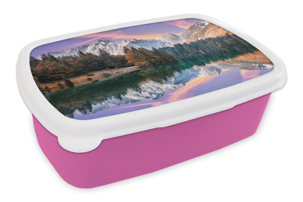 MuchoWow Lunchbox Berg - Wald - Wasser - Himmel - Rosa - Lila, Kunststoff, (2-tlg), Brotbox für Erwachsene, Brotdose Kinder, Snackbox, Mädchen, Kunststoff