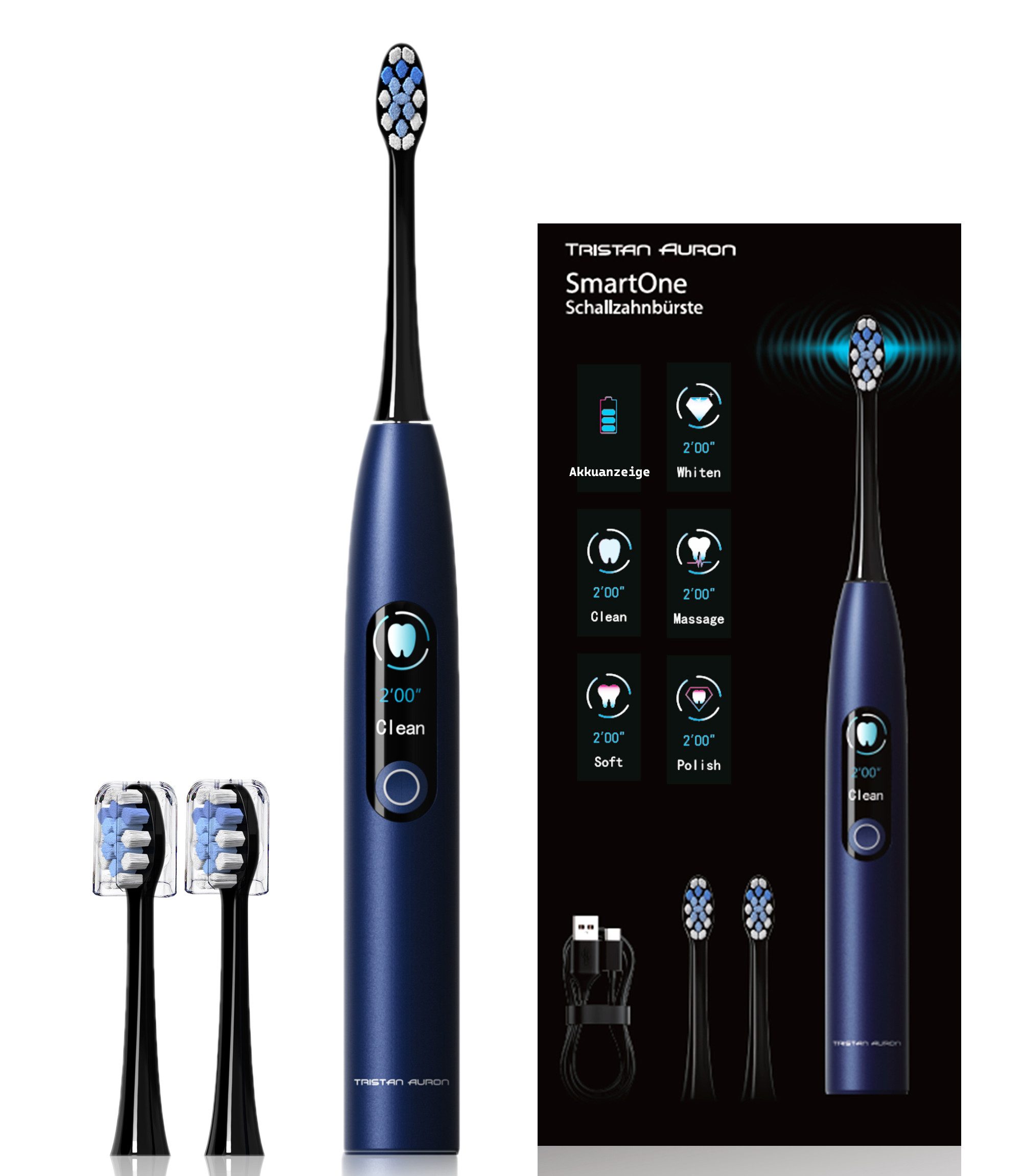 Tristan Auron Schallzahnbürste Elektrische Zahnbürste-5 Modi-48 000 VPM-USB C,6-8 Wochen Akku, Farbdisplay, Batterieanzeige, IPX7, 48 000 VPM, USB-C Ladung, leise