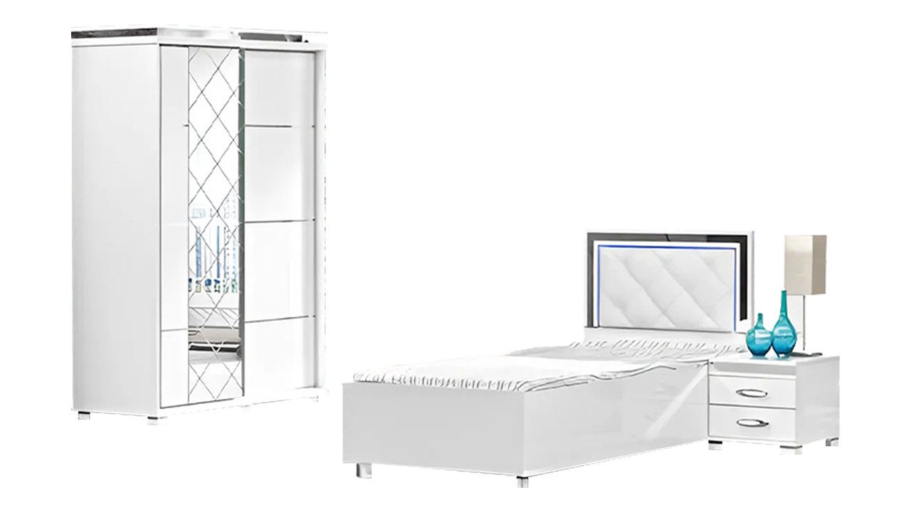 Schlafzimmer-Set Schlafzimmermöbel in Weiß mit Bett, Nachttisch und Kleiderschrank