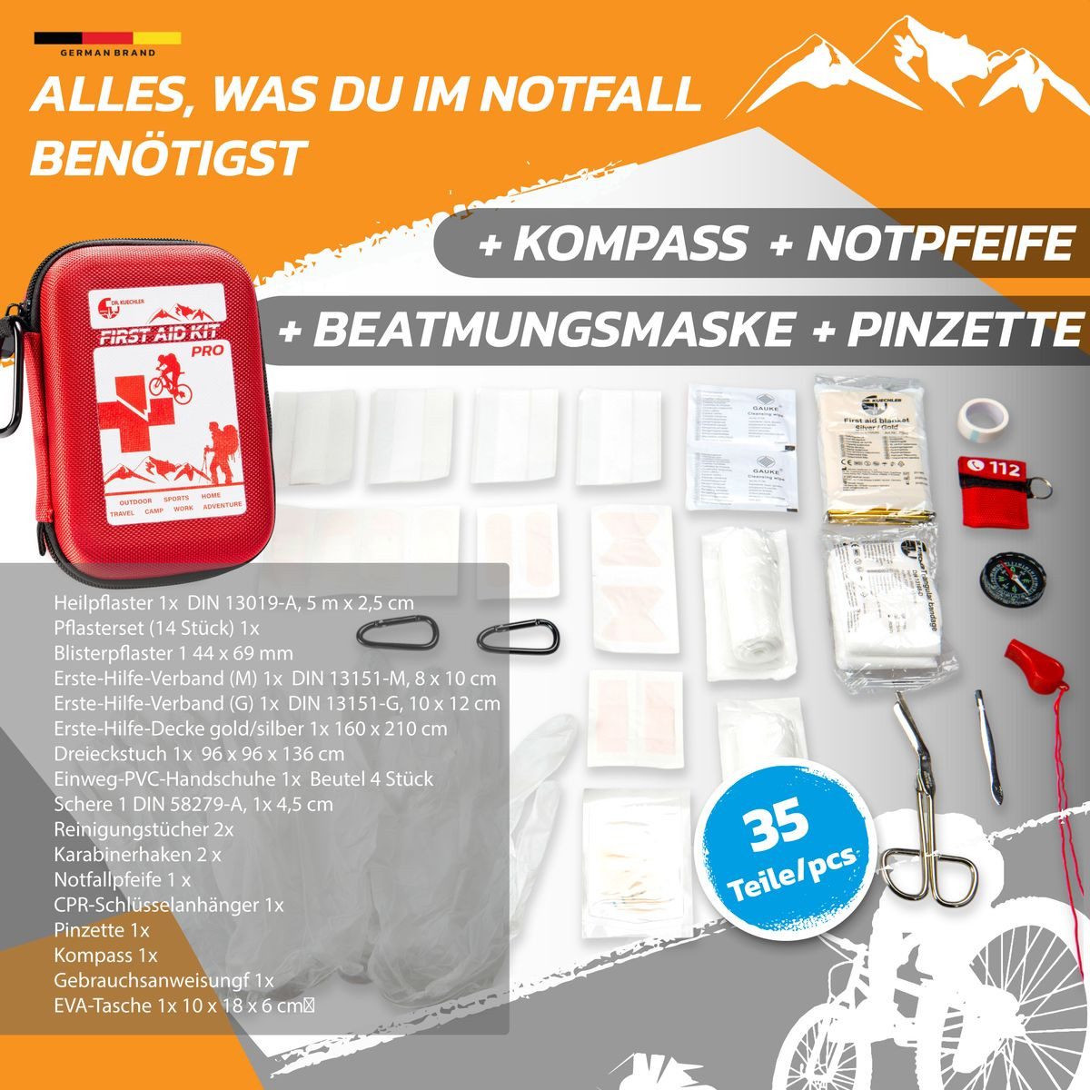 DR.KUECHLER MEDICAL Erste-Hilfe-Set Outdoor Premium Erste-Hilfe-Set PRO -35 Teile inkl. Kompass, Pfeife