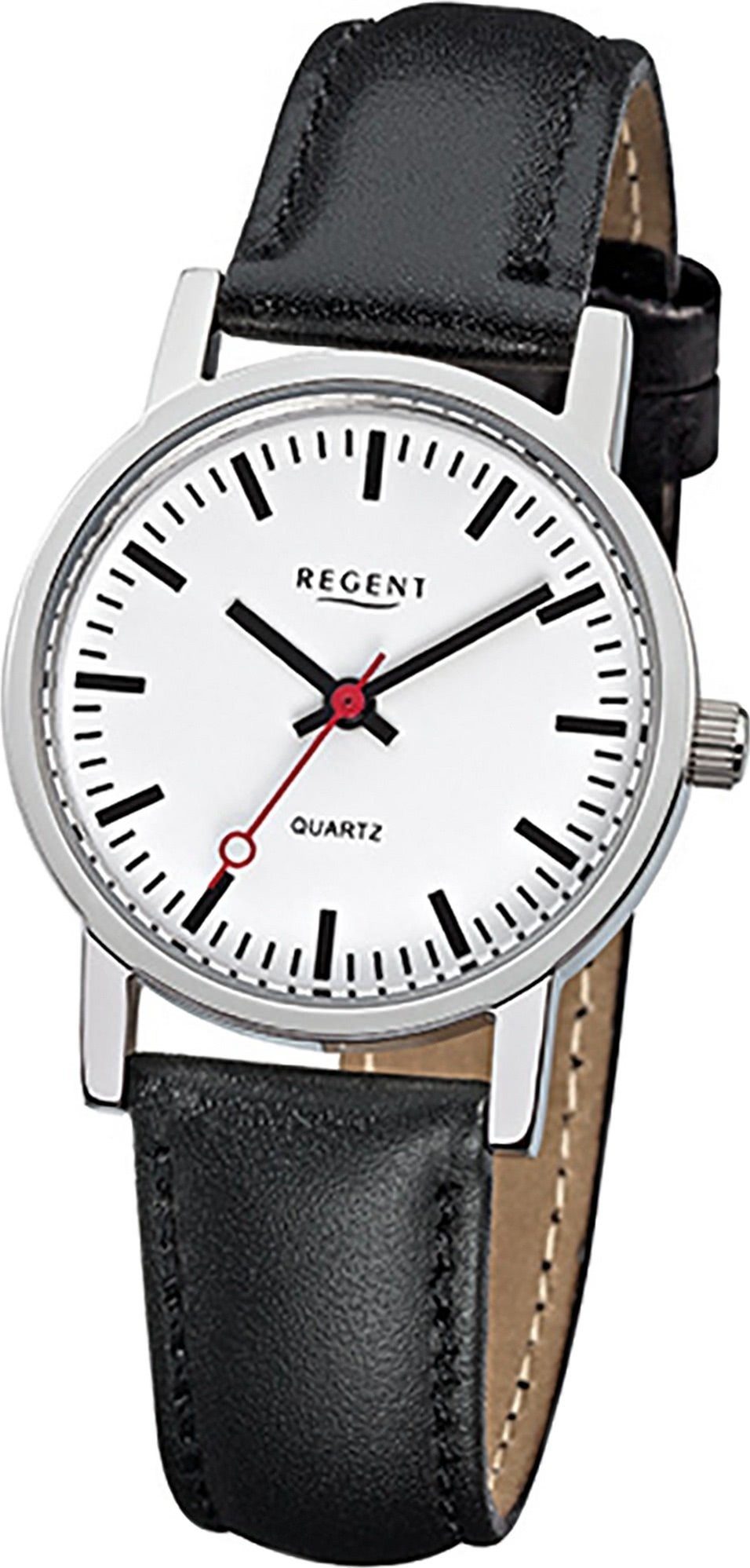 Regent Quarzuhr Regent Leder Damen Uhr F-824 Quarzuhr, Damenuhr Lederarmband schwarz, rundes Gehäuse, klein (ca. 27mm)