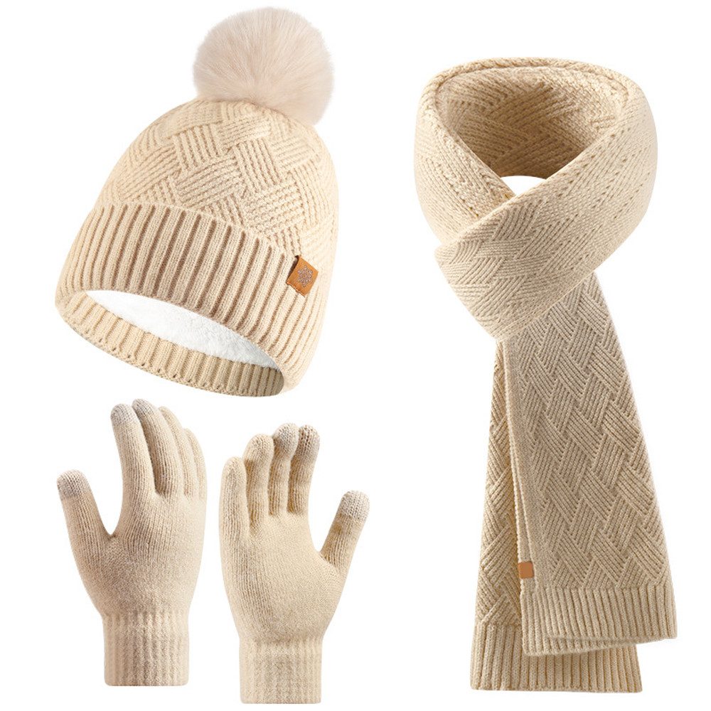 Mütze & Schal Damen Winter-Set, Mütze mit Bommel, Schal & Touchscreen-Handschuhe