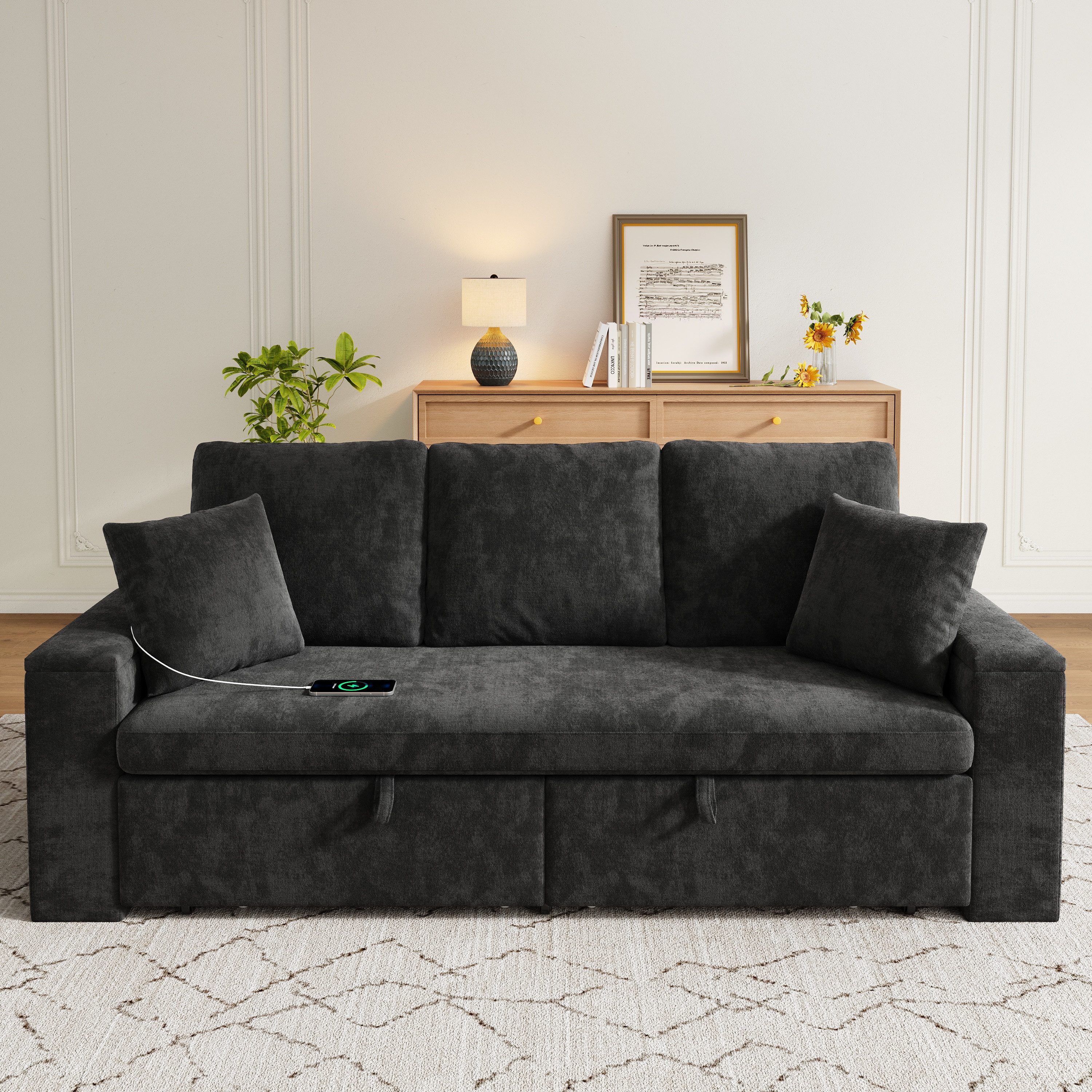 Odikalo Schlafsofa Schlafcouch Loungesofa mit USB & schlaffunktion, 3-in-1 ausziehbares Sofa Bett Doppelsofa mit Getränkehalter Seitentaschen Kissen und USB-Anschluss modernes Design geeignet für Wohnzimmer und Schlafzimmer