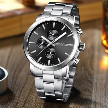 CRRJU Fur Herren mit Schwarz Stoppuhr Chronographen EdelstahlBand Watch, mit Datum Analog Quarzuhren Wasserdicht Armbanduhr Business