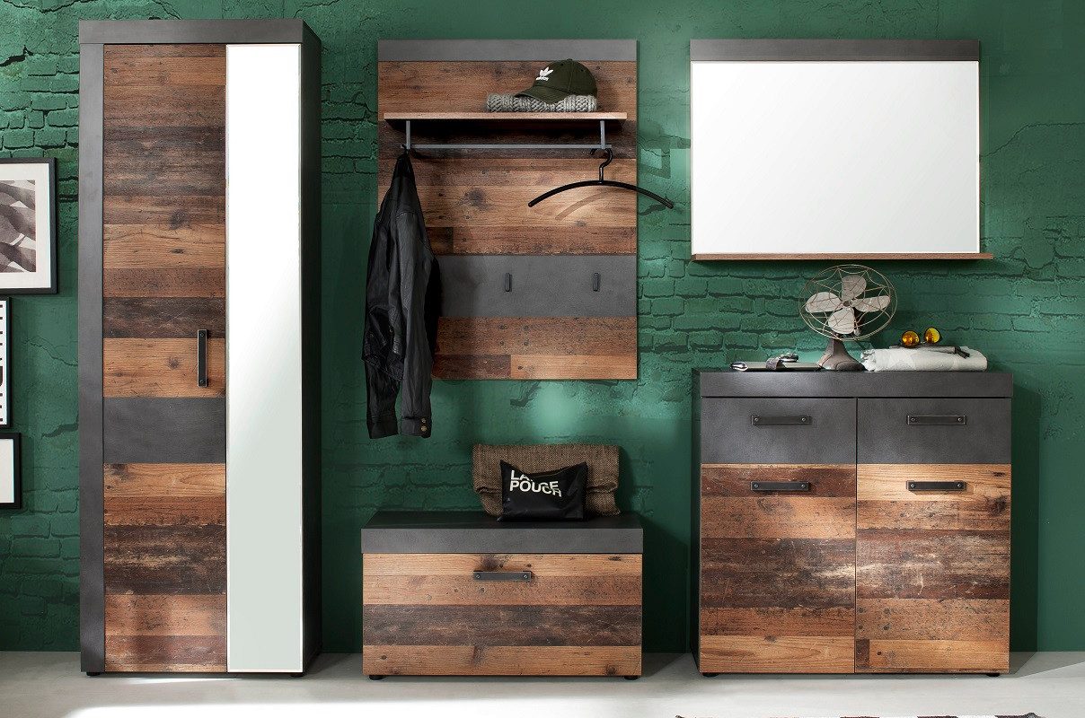 trendteam Garderoben-Set Garderoben-Set Indy, Old Used Wood / Matera grau, 5-teilig, Shabby, (5-St)