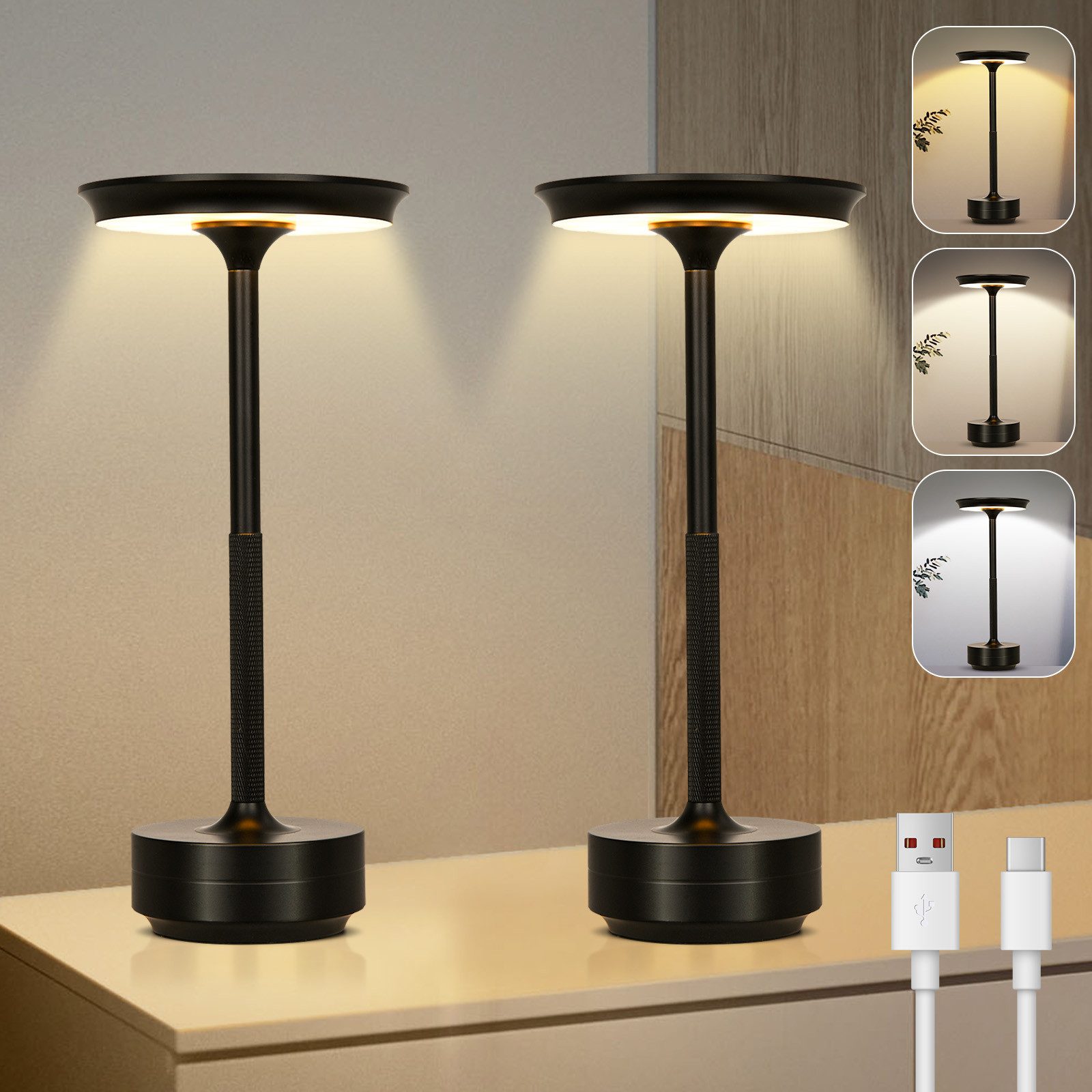 Rosnek LED Tischleuchte Tischlampe Kabellose Dimmbar Leseleuchte, USB Aufladbar, Wasserdichtes, Schwarz, LED fest integriert, Kaltweiß, Warmweiß, Naturweiß, mit Touch-Schalter Leicht Schreibtischlampe für Wohnzimmer Büro