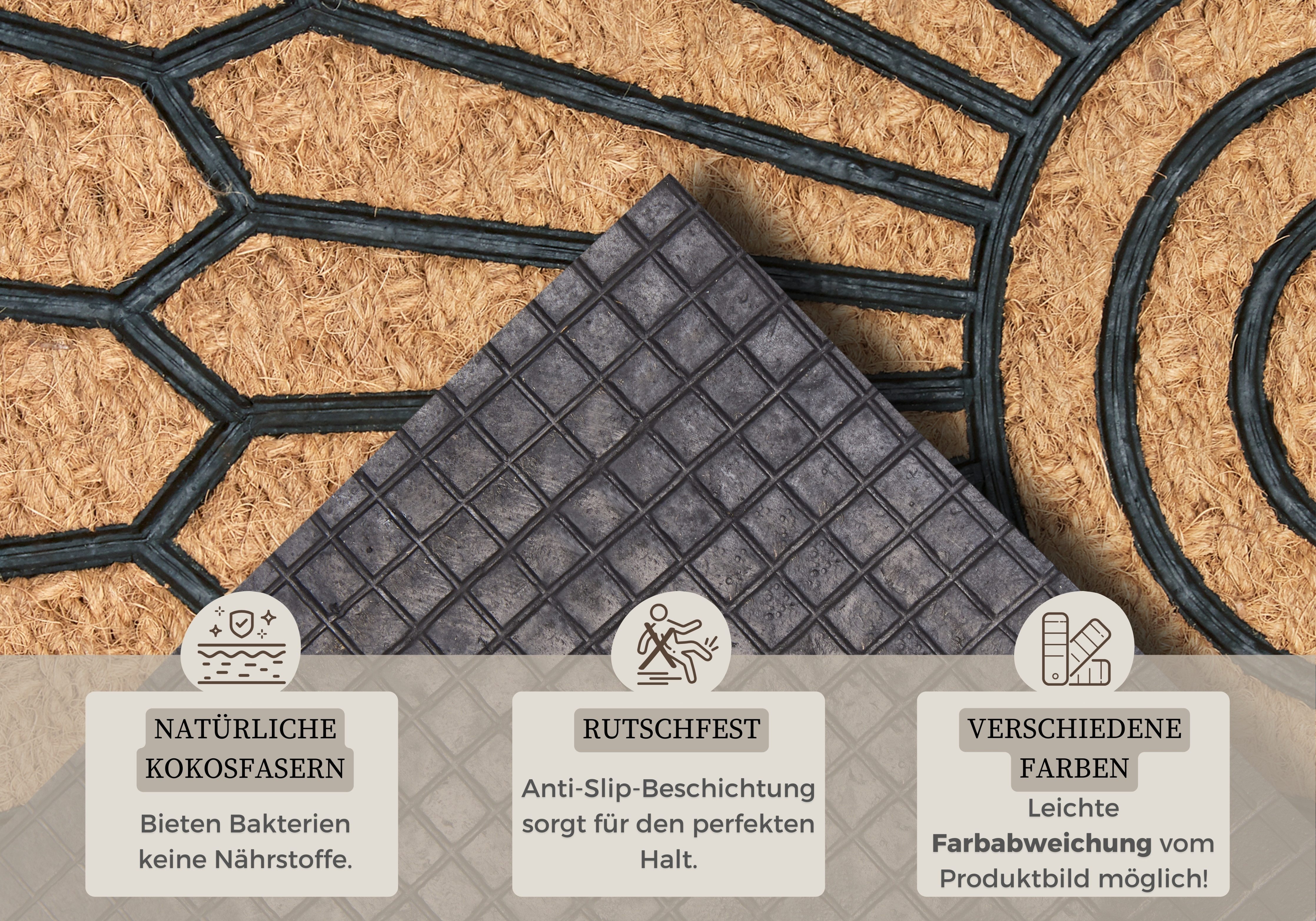 HANSE Home Fußmatte Mix Mats Gummi-Kokos Halbrund Geometric Ornament, Türmatte, halbrund, Höhe: 15 mm, Kokos, Gummi, Schmutzfangmatte, Outdoor, Rutschfest, Innen, Kokosmatte