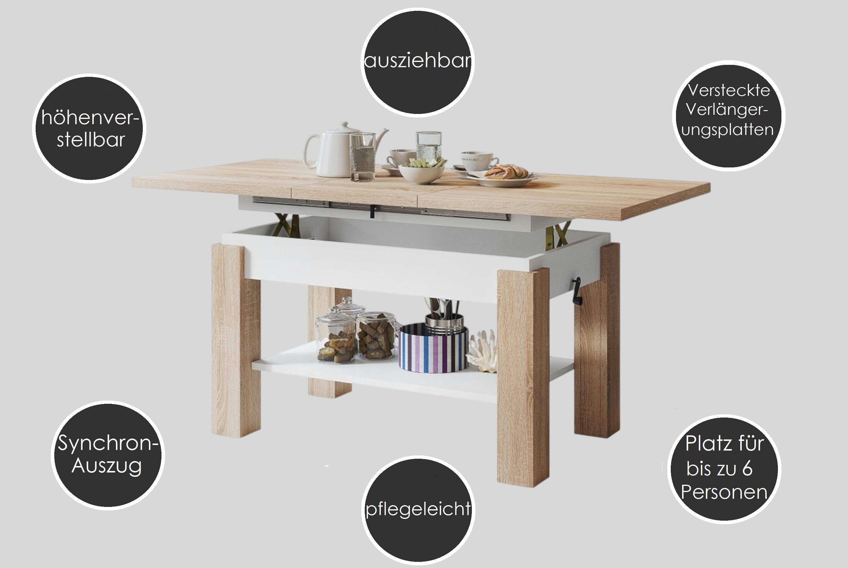 designimpex Couchtisch Couchtisch Astoria Eiche Gold höhenverstellbar ausziehbar Esstisch, Funktionstisch, Wohnzimmertisch, Tisch, Esstisch, Sofatisch – Bild 4 von 5