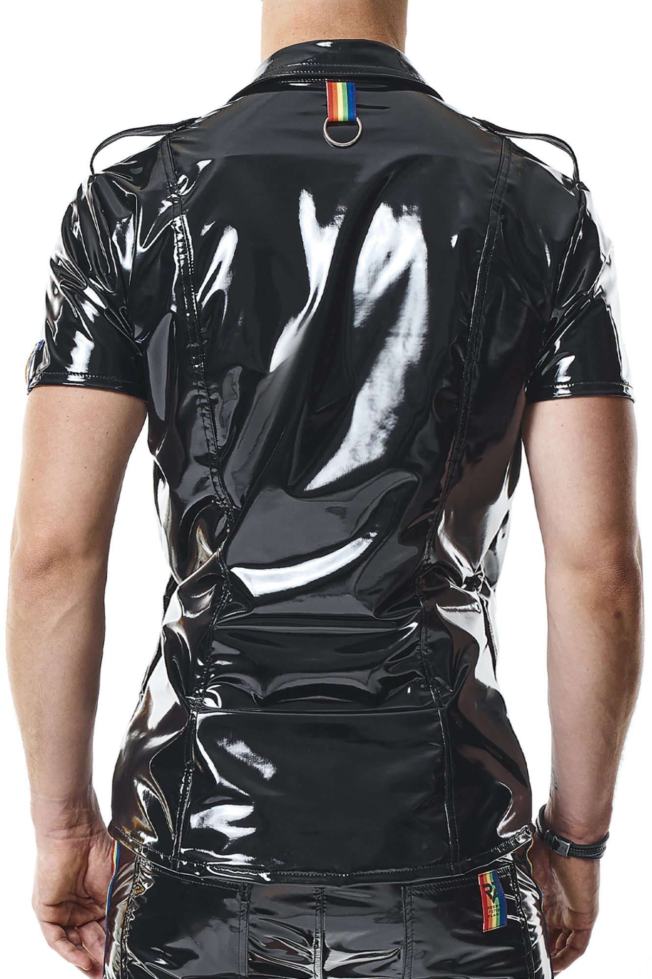 Regnes Fetish Planet T-Shirt Herren T-Shirt schwarz glänzend elastisch mit Stehkragen Taschen