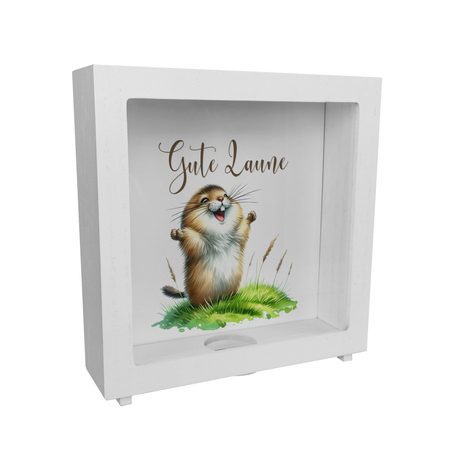 Spardose jubelnder Lemming Rahmen Spardose aus Holz mit Spruch Gute Laune