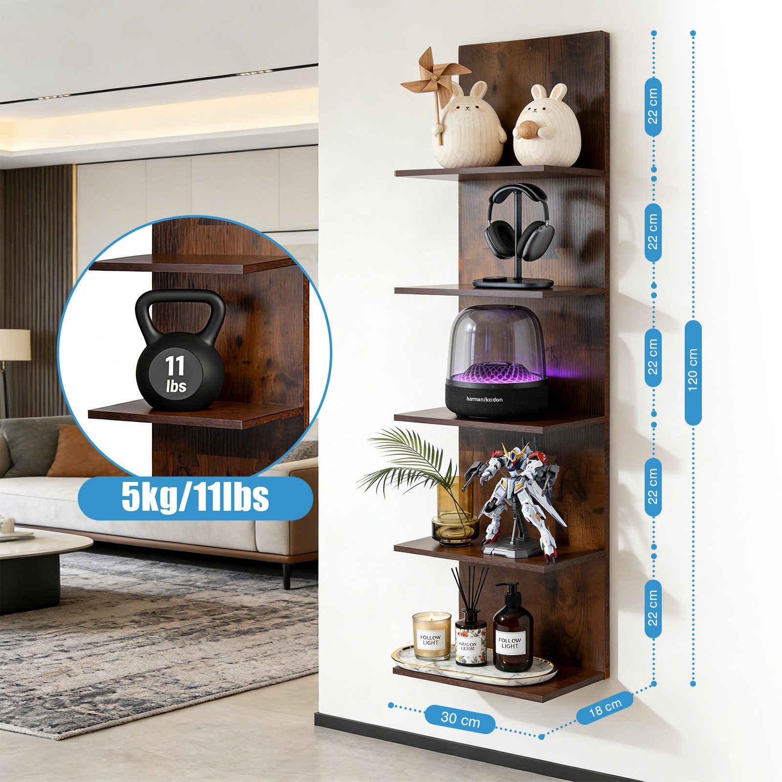 XIIW Hängevitrine Wandregal mit RGB+IC Hängeregal Wandboard Standregal Bücherregal (5 Ebenen Eckregal mit RGB+IC-Licht, App, Fernbedienung, 30×18×117 cm) Regal Wand Stufenregal für Deko Präsentation Sammlung