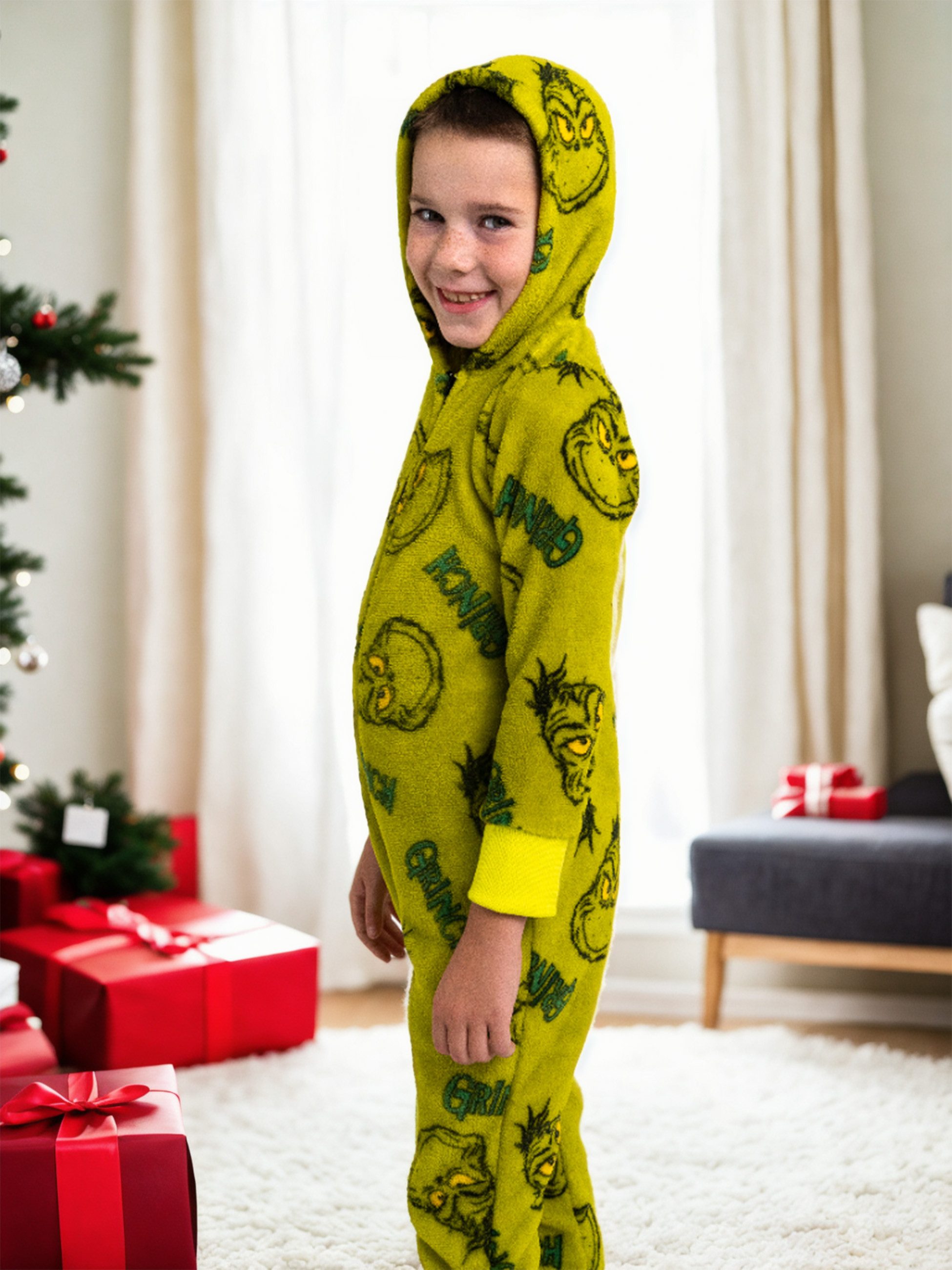 United Labels® Jumpsuit The Grinch Jumpsuit mit Kapuze Overall Pyjama Schlafanzug langarm