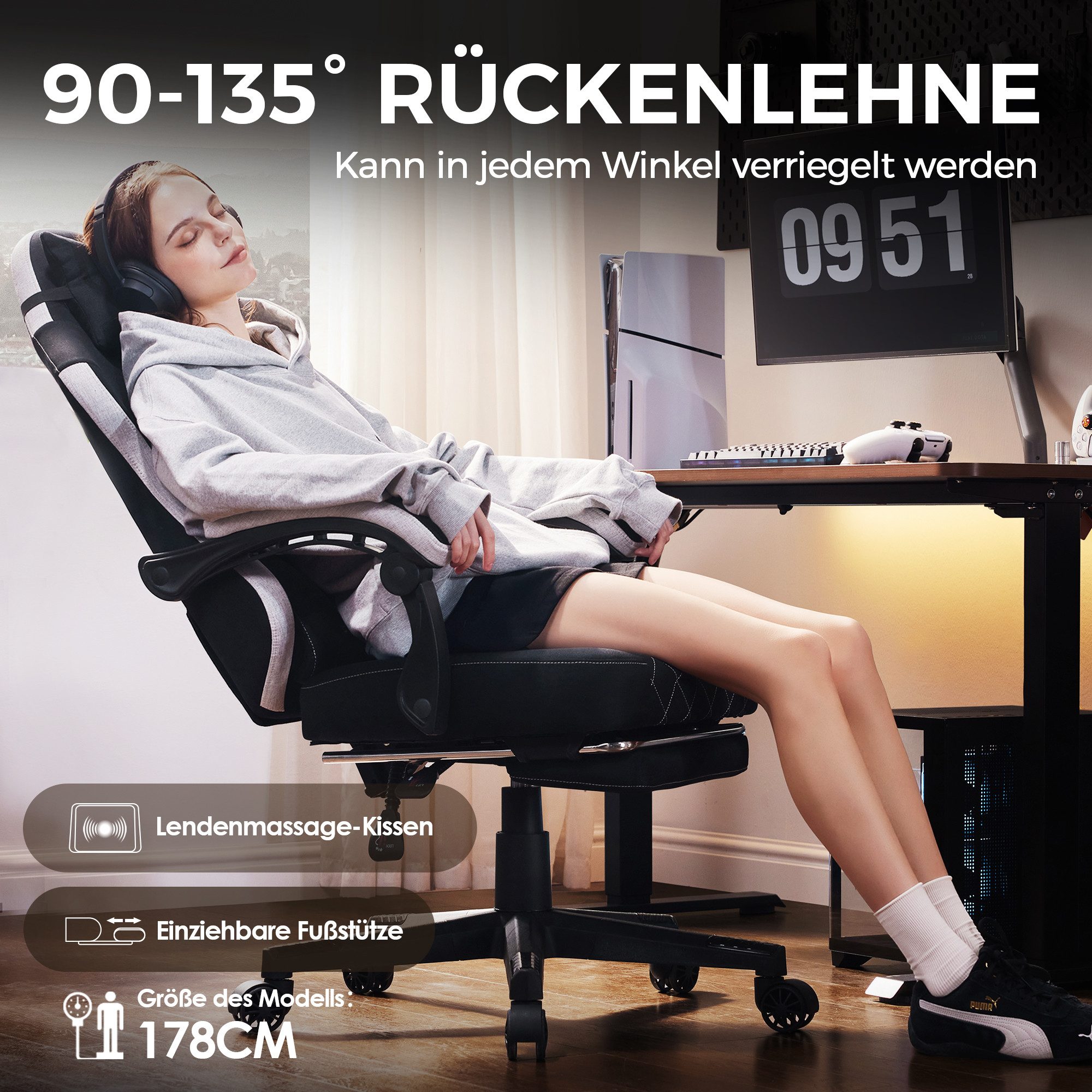 Dowinx Gaming-Stuhl Lendenwirbelstütze Bürostuhl mit Fußstütze für Erwachsene (Packung), Ergonomischer Gaming Sessel Groß und Hoch für Office Gaming 135KG – Bild 4 von 5