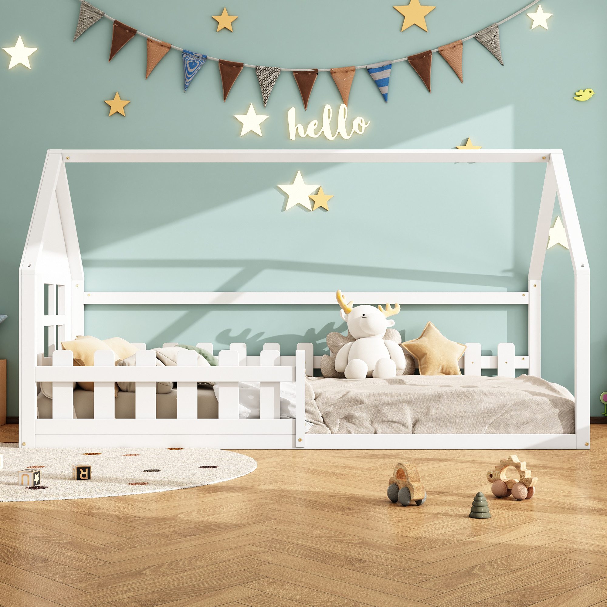 SOFTWEARY Hausbett mit Lattenrost (90x200 cm), Kinderbett mit Rausfallschut günstig online kaufen