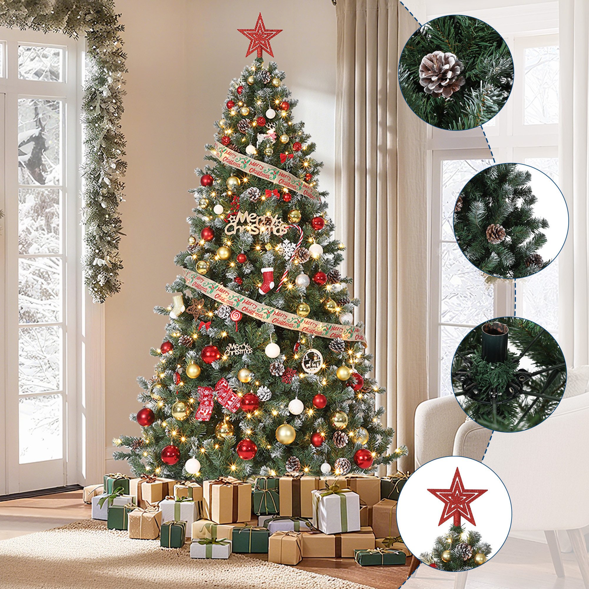GarveeMore Künstlicher Weihnachtsbaum mit LED-Lichtern & Zapfendekor, naturgetreue Optik, 137/183/229/274 cm, für Wohnzimmer, Büro, Schaufenster – Bild 5 von 5