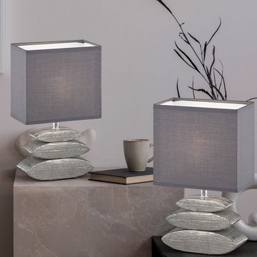 etc-shop Tischleuchte, Leuchtmittel nicht inklusive, Tischleuchte Nachttischlampe Keramikfuß chrom Textilschirm grau E14