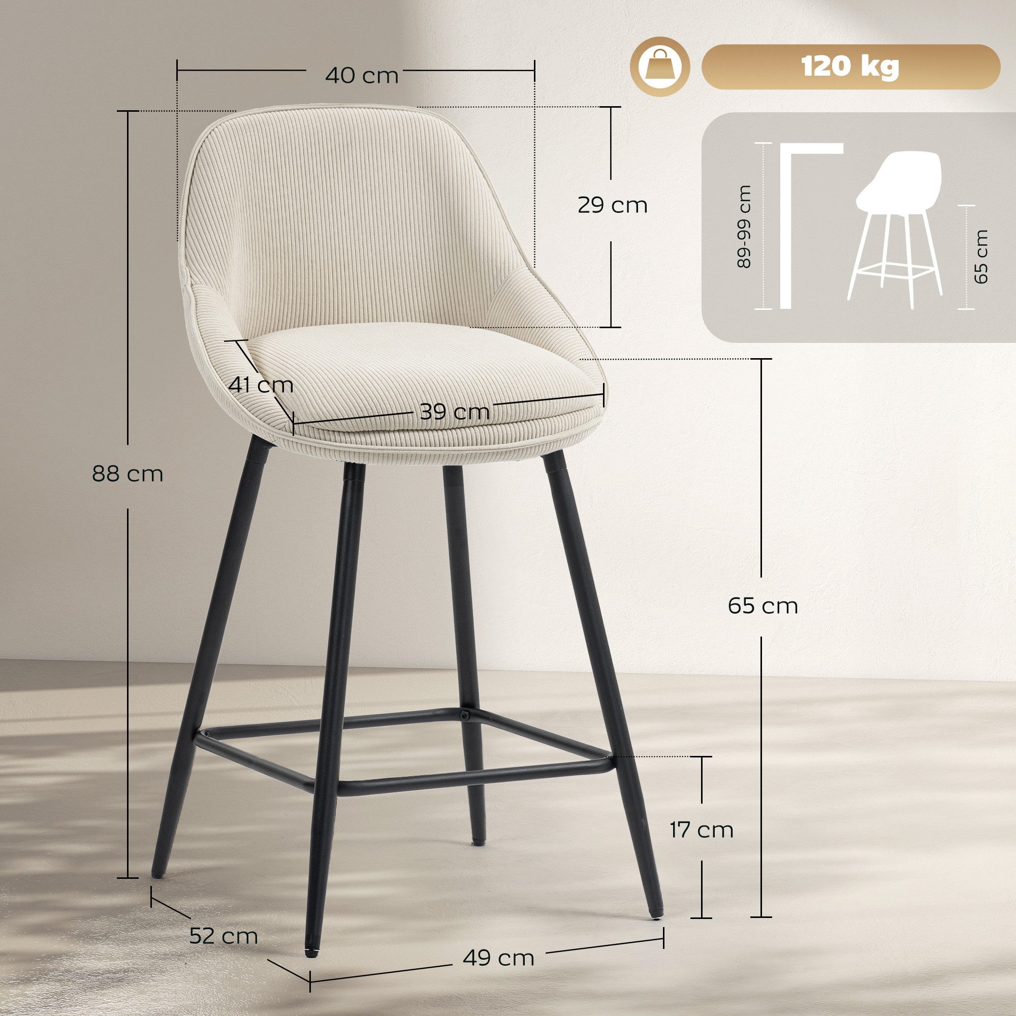 HOMCOM Barhocker Drehbar Tresenstuhl (Barstuh, 2 St., Tresenhocker), 360° drehbar, gepolstert, elegante Cord-Optik