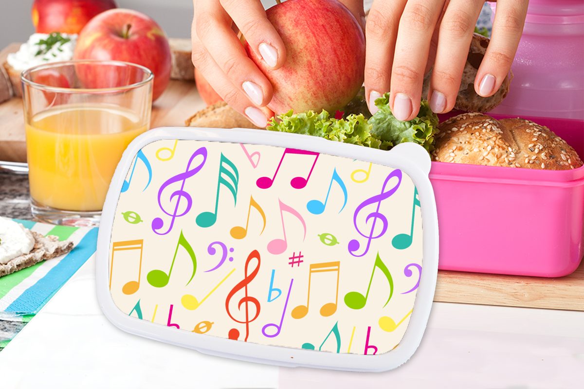 Mädchen, - - Kunststoff, Brotbox Patterns für Erwachsene, Brotdose Kinder, Lunchbox (2-tlg), Regenbogen, rosa Kunststoff MuchoWow Snackbox, Musik