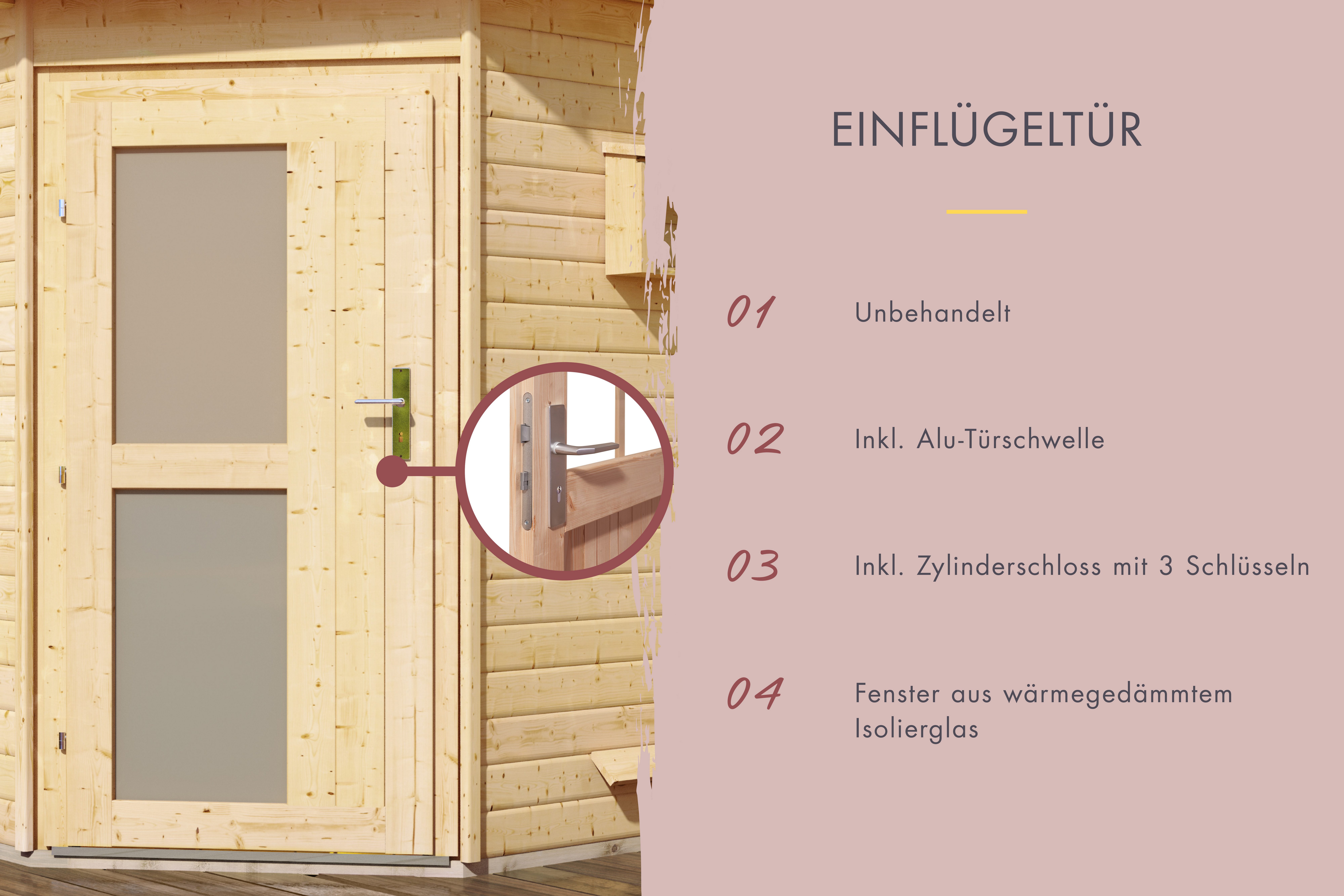 Karibu Saunahaus »Bosse 1« mit Vorraum und Milchglastür, naturbelassen, BxTxH: 231 x 273 x 235 cm, 38 mm, (Set) 9 KW Ofen mit externe Steuerung easy