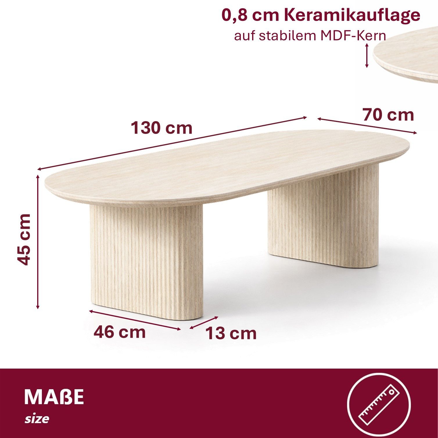 HOOZ Wohnzimmertisch Couchtisch oval Keramikplatte Traventin-Optik Säule Mond 130x70 cm (Set, 1-St., 1× Couchtisch), Keramik-Tischplatte, verschiedene Varianten – Bild 4 von 5