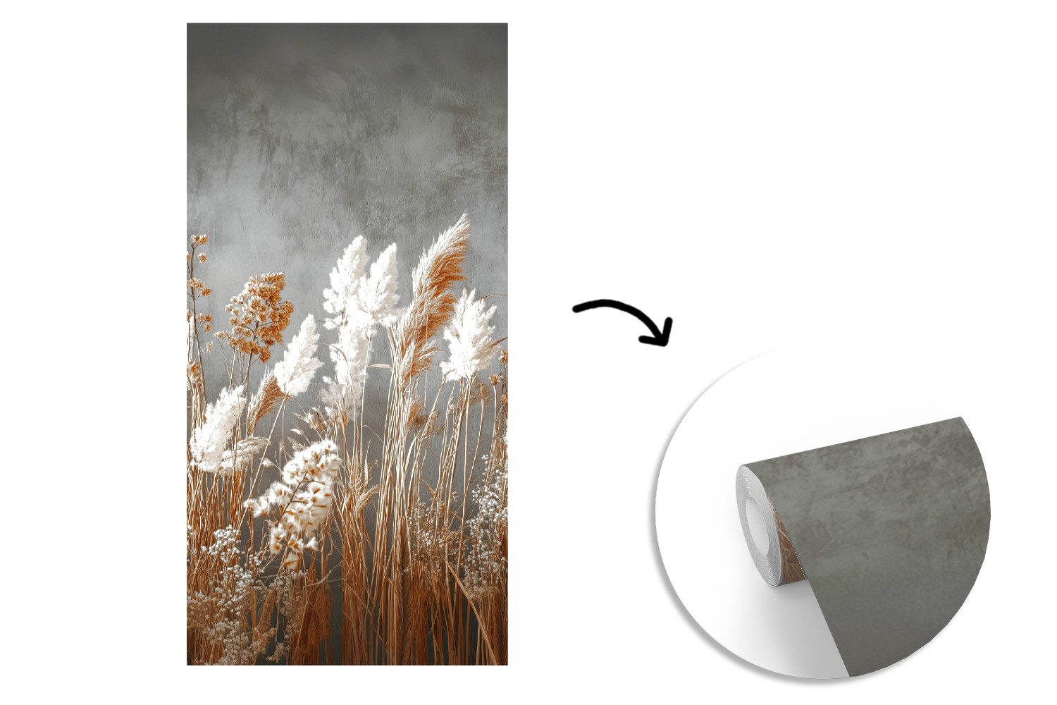 MuchoWow Fototapete Getrocknete Feldblumen - Grau - Beton, Matt, bedruckt, Vliestapete für Wohnzimmer Schlafzimmer Küche, Fototapete, 120x240 cm