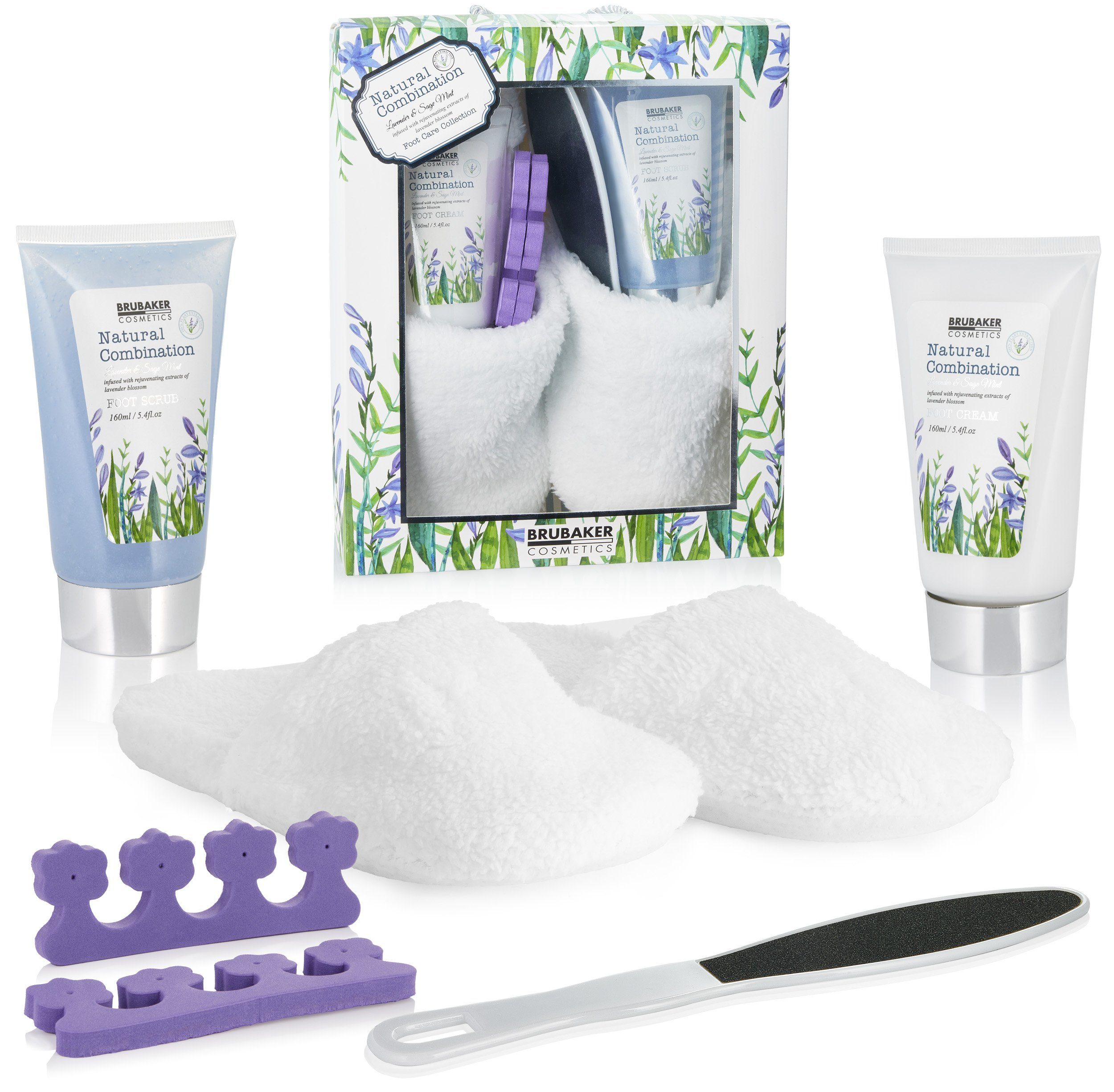 BRUBAKER Hautreinigungs-Set Beauty Wellness Set Minze Teddy Slippers Fußpflege aus Hausschuhen, Salbei 6-tlg., Geschenkset Duft Set mit mit Lavendel Frauen mit Plüsch