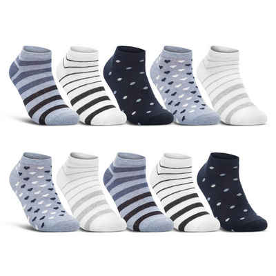 sockenkauf24 Sneakersocken 10 Paar Damen Sneaker Socken Mehrfarbig (35-38, 36832) Streifen Punkte Herzen Maritim Baumwolle