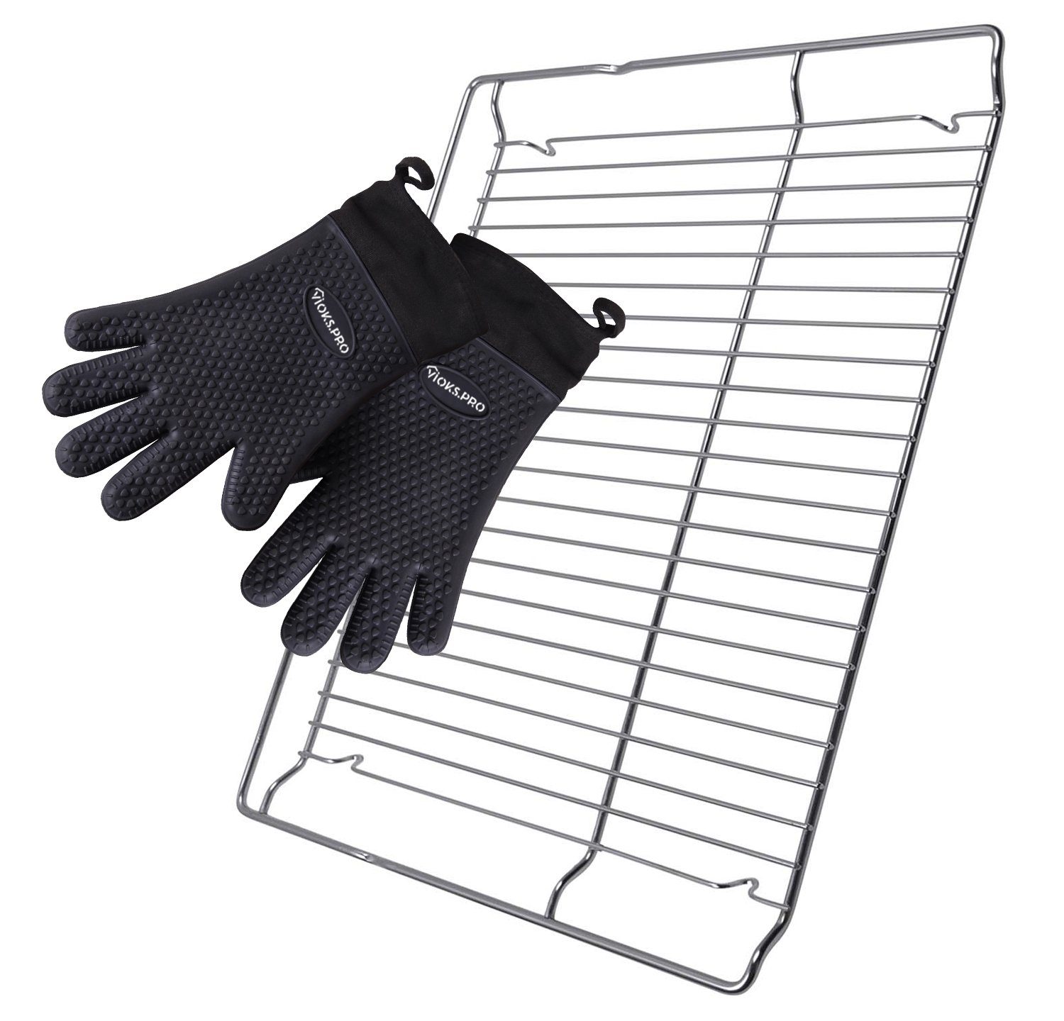 VIOKS Backofenrost Grillgitter Ersatz für Bosch 00577170, Metall / Silikon, 455 x 375 mm + 2 hitzebeständige Grillhandschuhe für Backofen