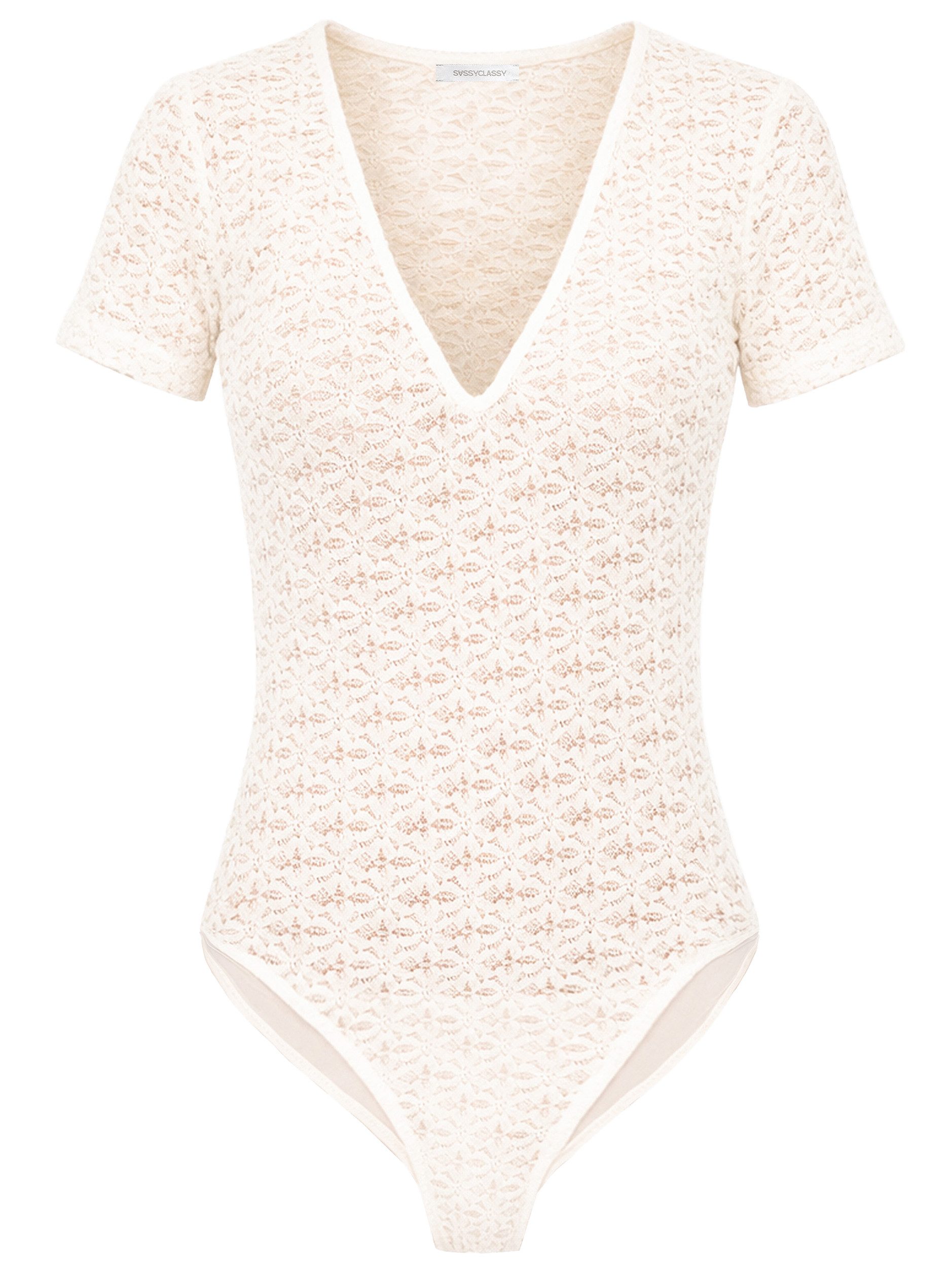 SASSYCLASSY Body Kurzarm Body aus floraler Spitze für Damen Zarter Body mit tiefem V-Ausschnitt und Druckknöpfen