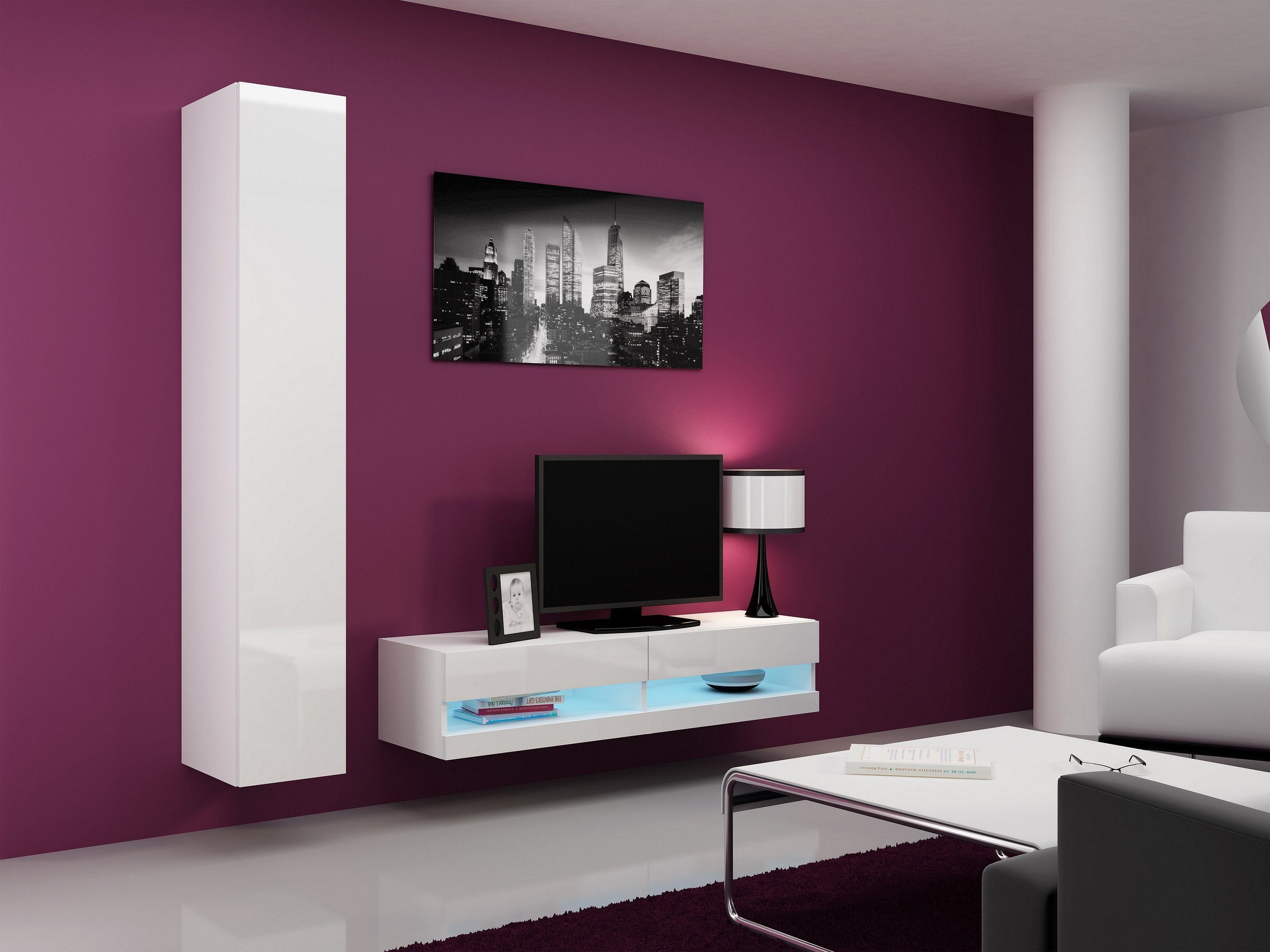 Stylefy Wohnwand Vago XIII 180x180x40, (Set (2-St), Wohnmöbel, Wohnzimmer-Set), bestehend aus 1xLowboard und 1xHängeschrank, inkl. LED-Beleuchtung, mit Push-to-Open, Modern Design Weiß Matt - Weiß Hochglanz